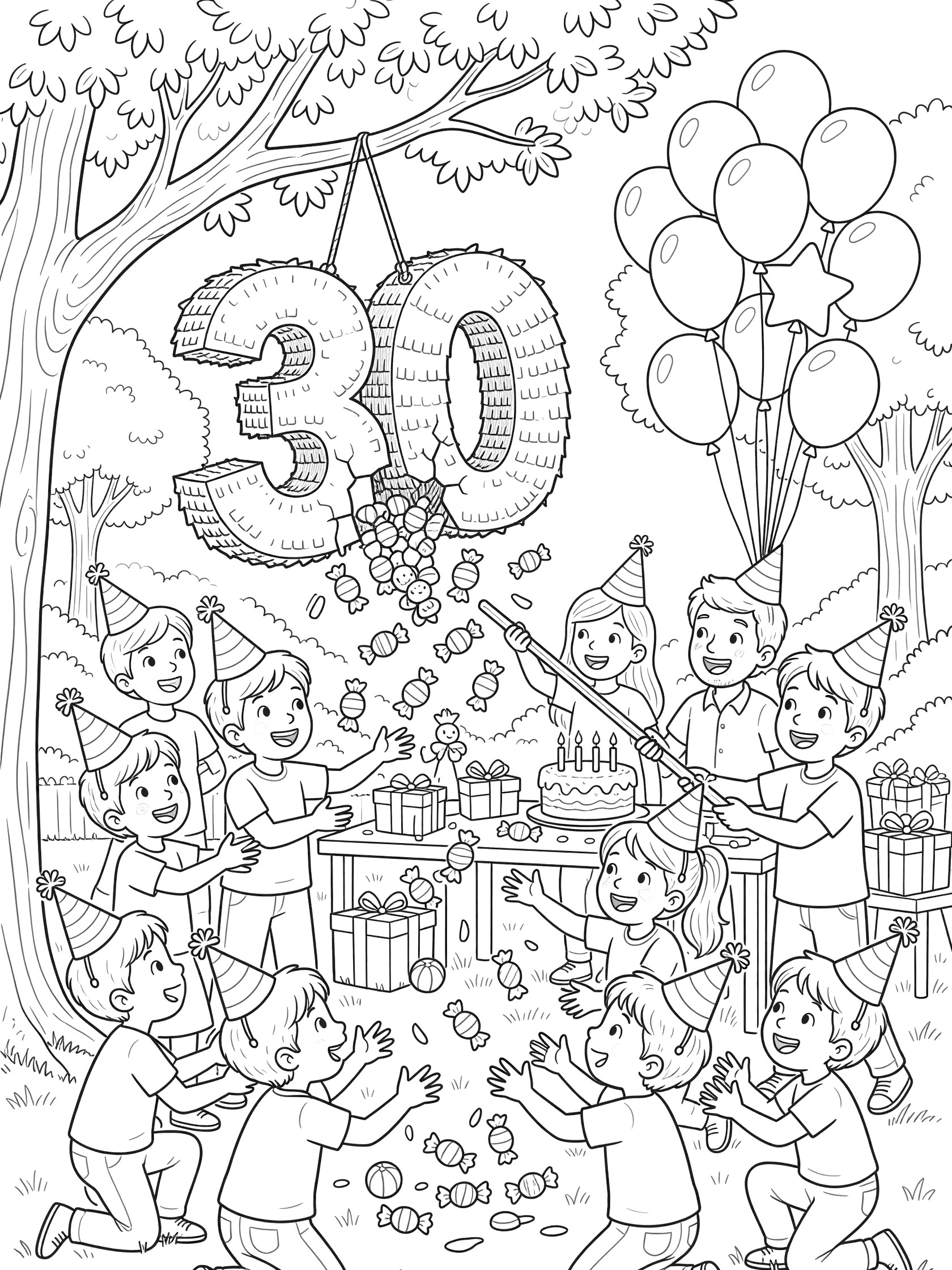 Whimsical line art coloring page showing children swinging at a 30-shaped pinata hanging from a tree, with candy falling, party hats, balloons, cake and gifts in the background.