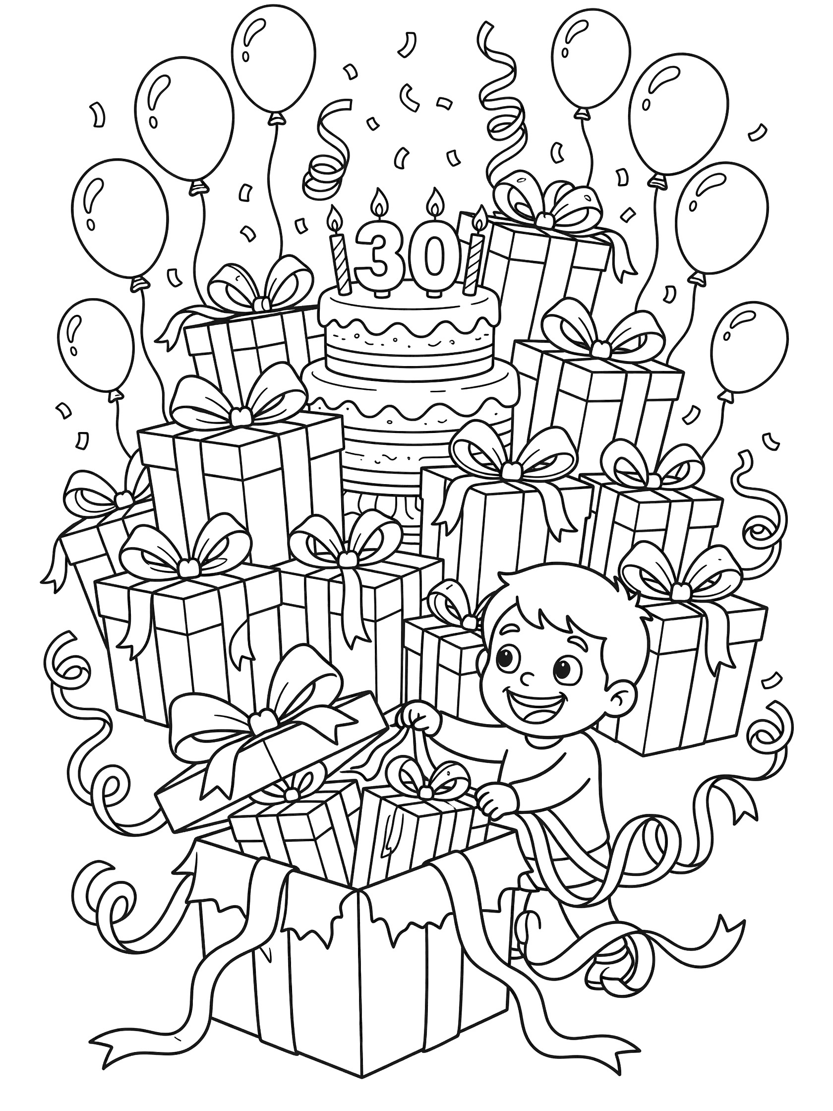 Whimsical doodle style 30th birthday coloring page showing a happy boy untying a big present, tall stack of wrapped gifts with bows, layered cake with 30 candles, floating balloons and confetti.