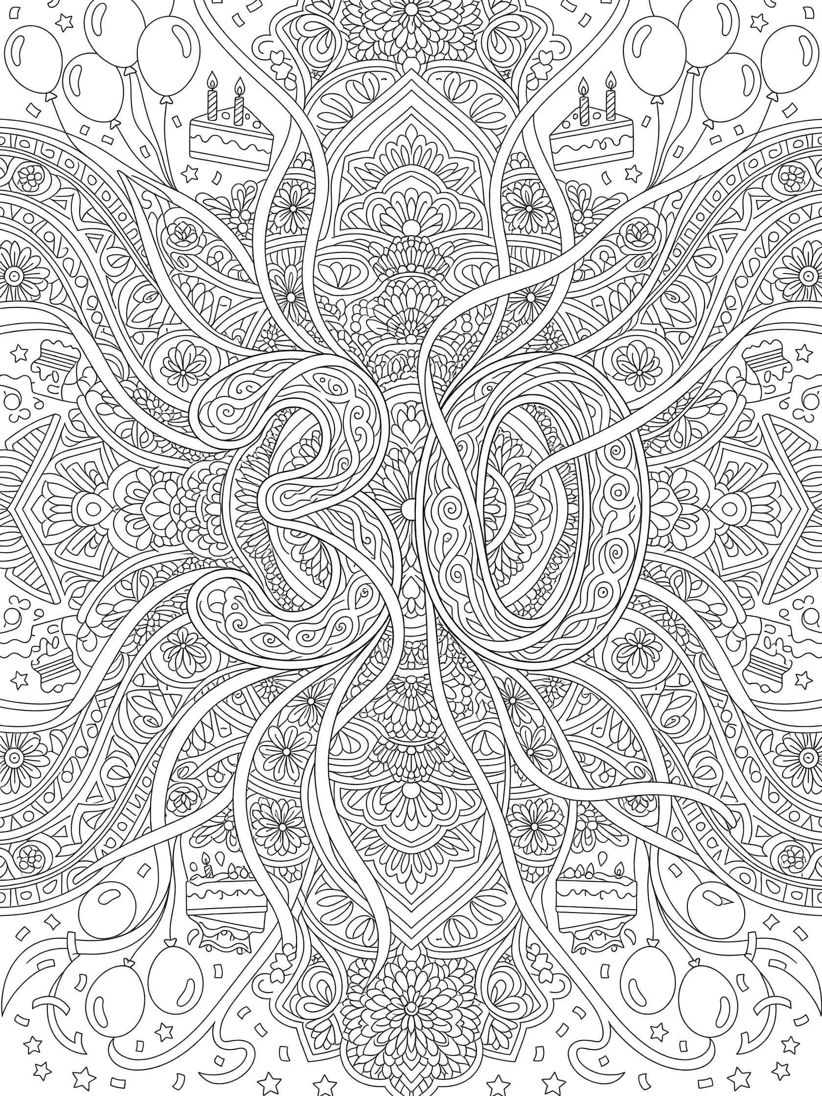 Intricate black and white line art coloring page of 30th birthday with central '3' and '0' made from streamers, surrounded by balloons, birthday cakes, candles and swirling patterns.