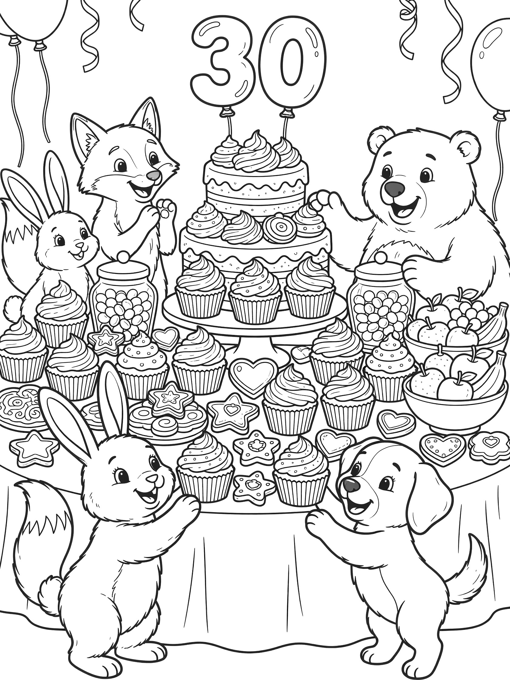 Cute cartoon line art coloring page showing a 30th birthday treat table loaded with layered cake topped by 3 and 0, stacks of cupcakes, cookies, candy jars and fruit bowls. Bunny, fox, bear and puppy animals gather around smiling and reaching for treats.