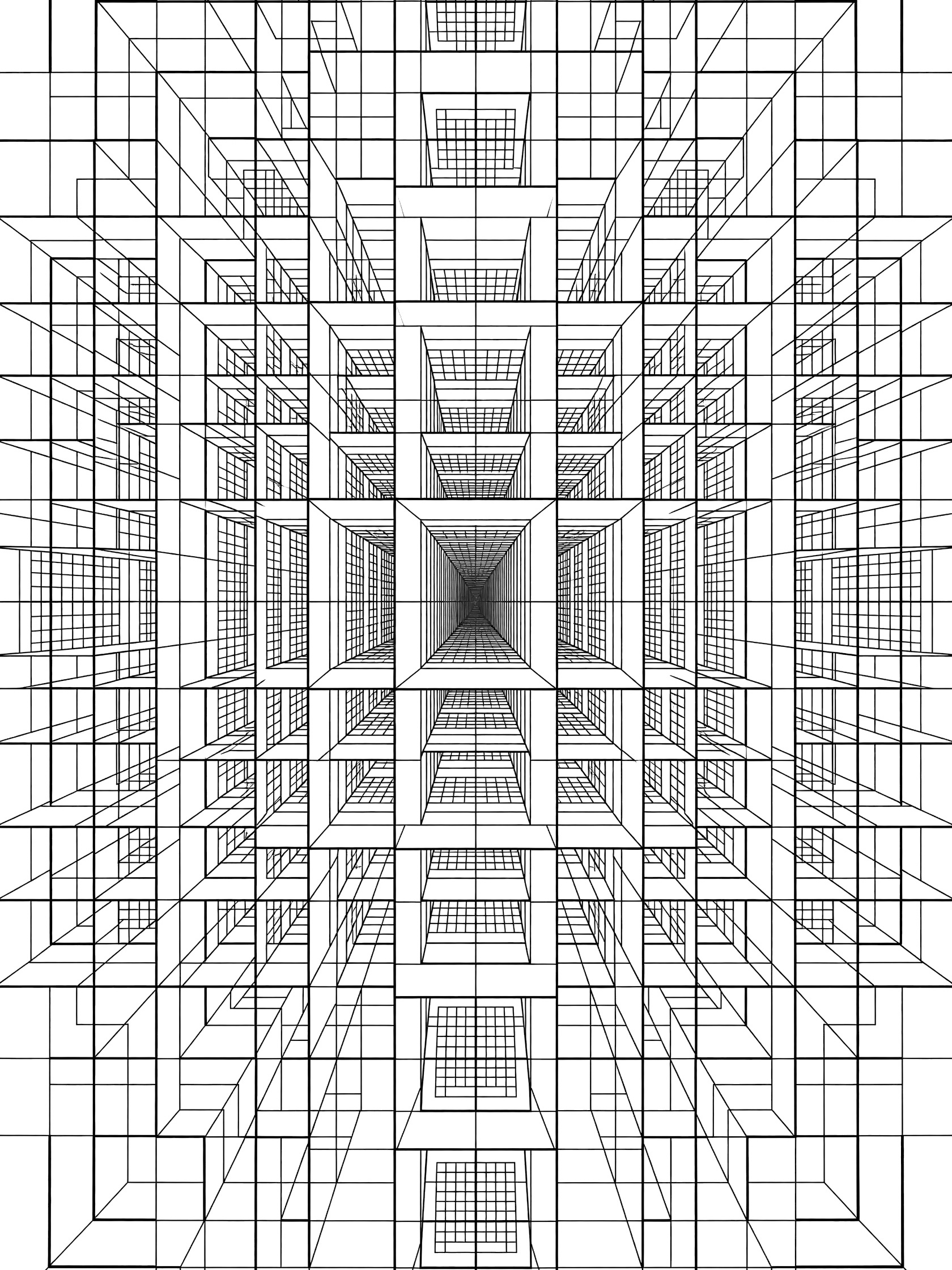Black and white line art coloring page of 3D illusion grids forming cubes and tunnels with perspective lines on white background