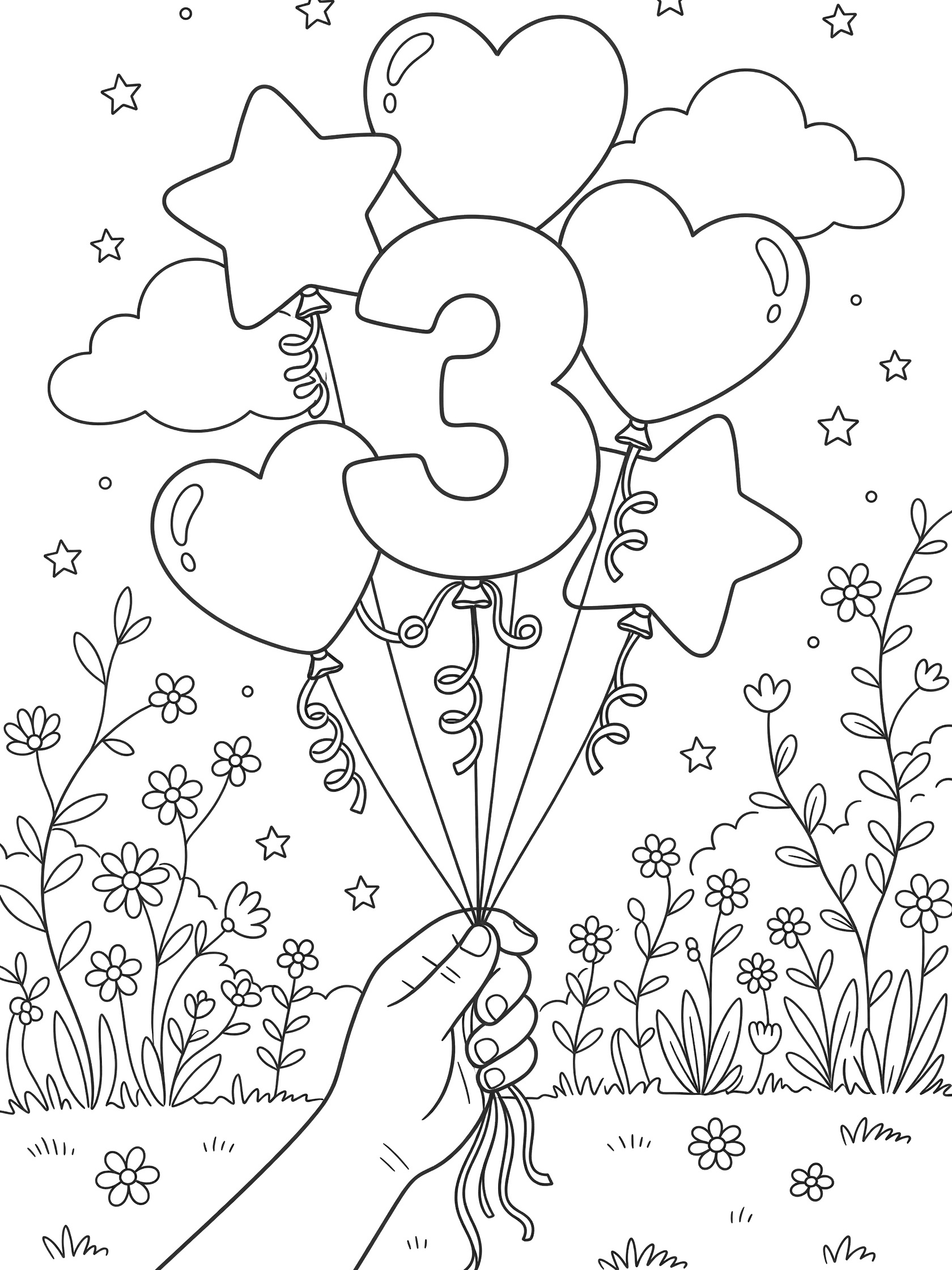 Black and white line art of 3rd birthday balloons floating from a hand, with number 3 balloon, star, heart, and cloud balloons, ribbons, flowers, vines, and stars in a whimsical garden.