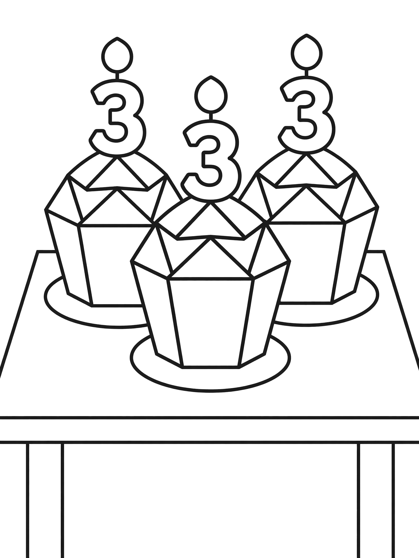 Black and white line art of three large cupcakes with 3 candles for 3rd birthday coloring page
