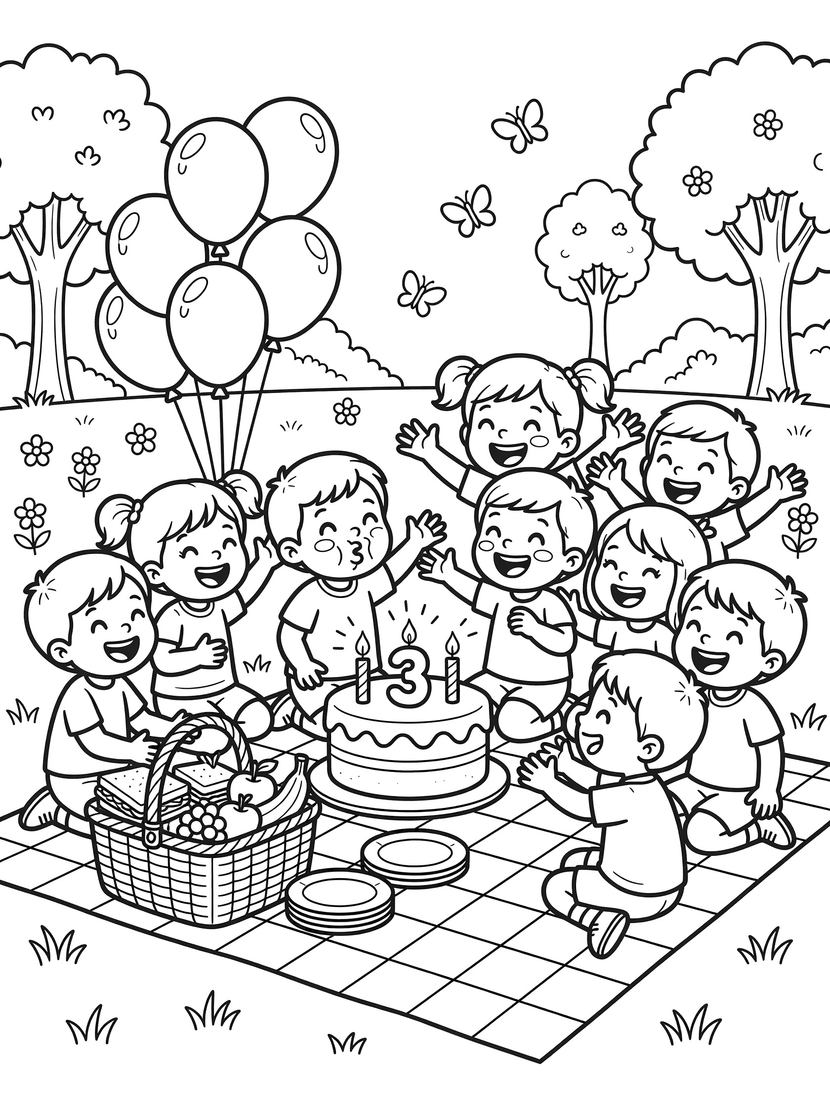 Black and white line art coloring page showing preschool kids at a 3rd birthday picnic party on a checkered blanket with cake, candles, balloons, basket, plates, trees, flowers, and butterflies.