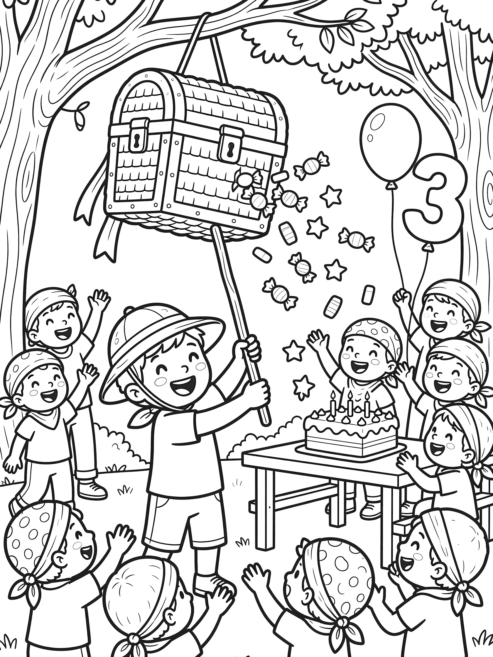 Black and white line art of 3rd birthday pinata party with kids swinging at treasure chest pinata, candy spilling, cake on picnic table, and balloons.