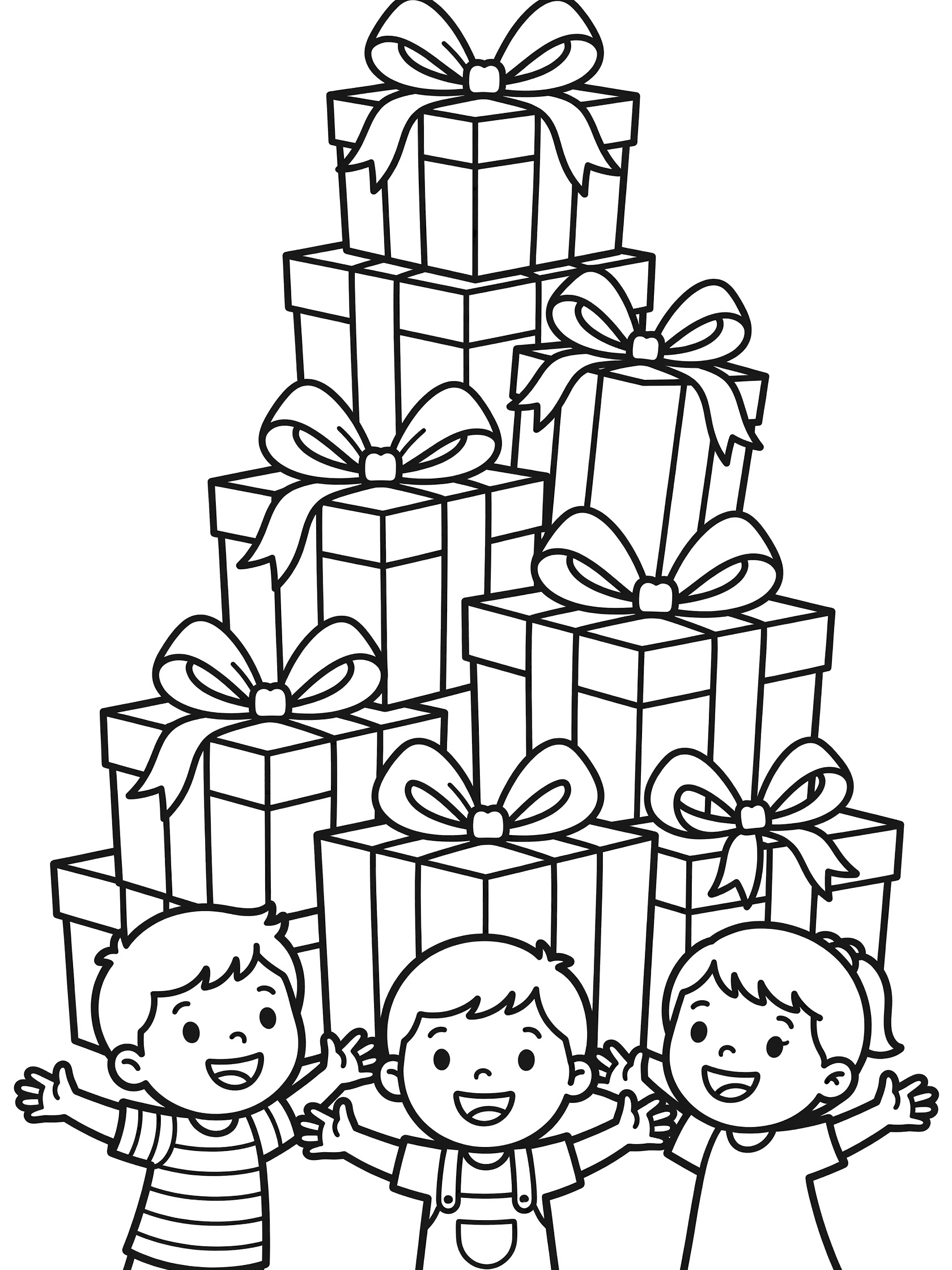 Black and white coloring page of a whimsical pile of birthday presents with bows and three smiling preschool friends celebrating a 3rd birthday.