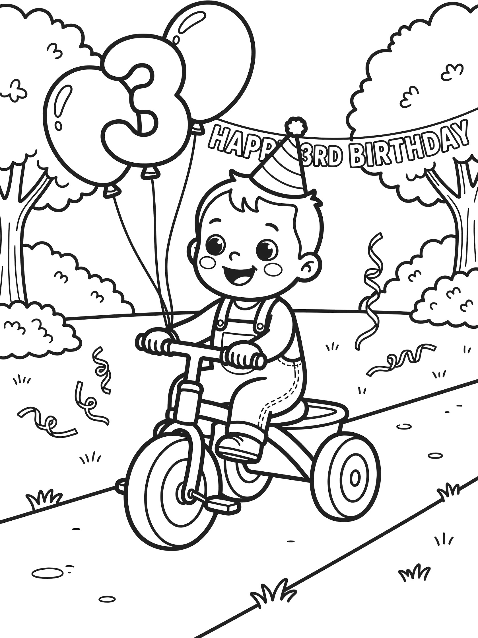 Cute cartoon toddler grinning on big-wheeled tricycle with 3 balloons and party hat, riding garden path with birthday banner for 3rd birthday coloring page.