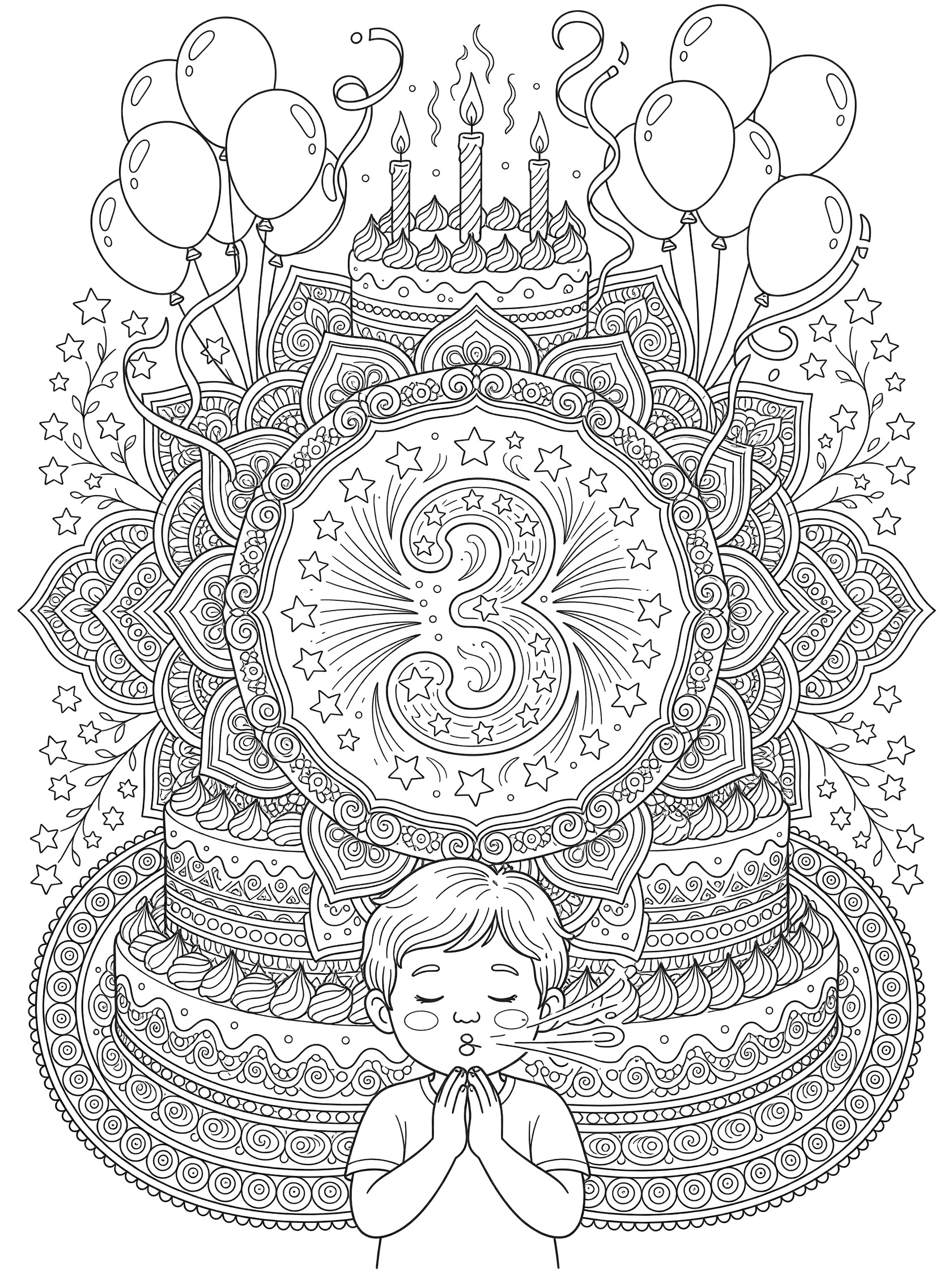 Detailed black and white coloring page of a child blowing a wish toward a number 3 made of stars, surrounded by birthday cake layers, three candles, balloons, and intricate patterns.