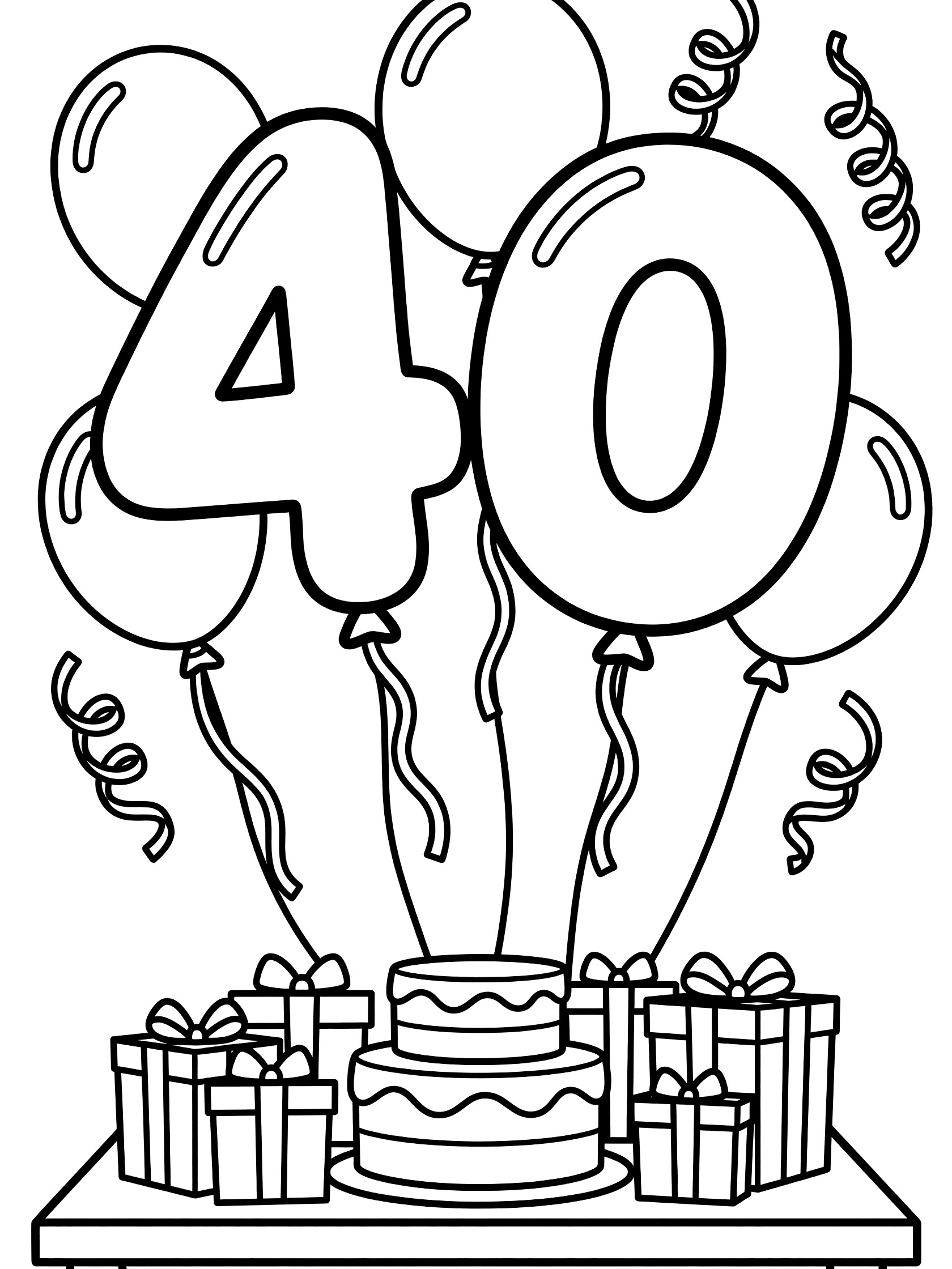 Black and white coloring page of 40th birthday balloons shaped like 4 and 0 floating above a cake and gifts on a table