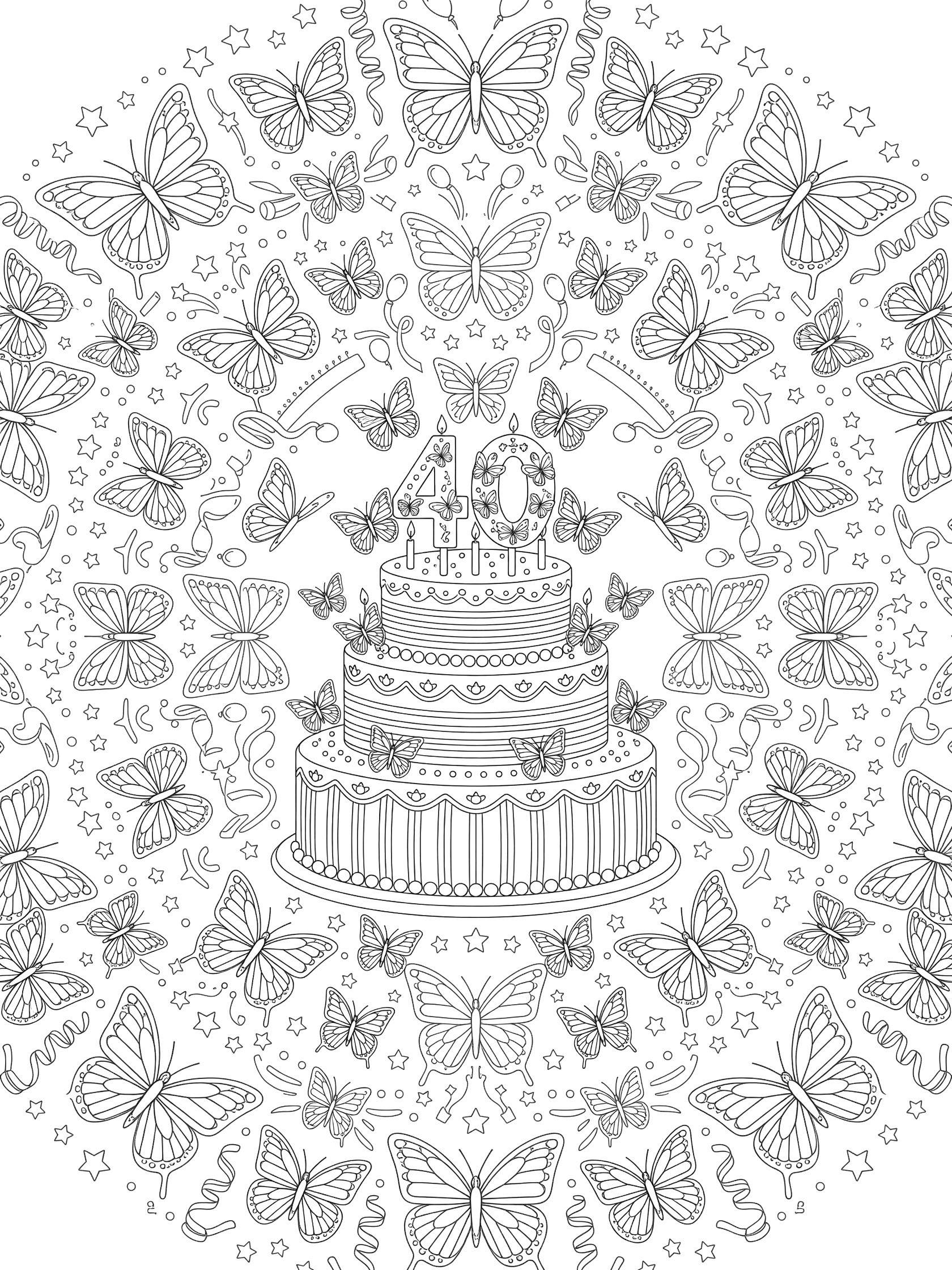 Detailed black and white line art of 40th birthday cake topped with butterfly-shaped candles and '40' made of butterflies, surrounded by radial butterfly designs with streamers and confetti.