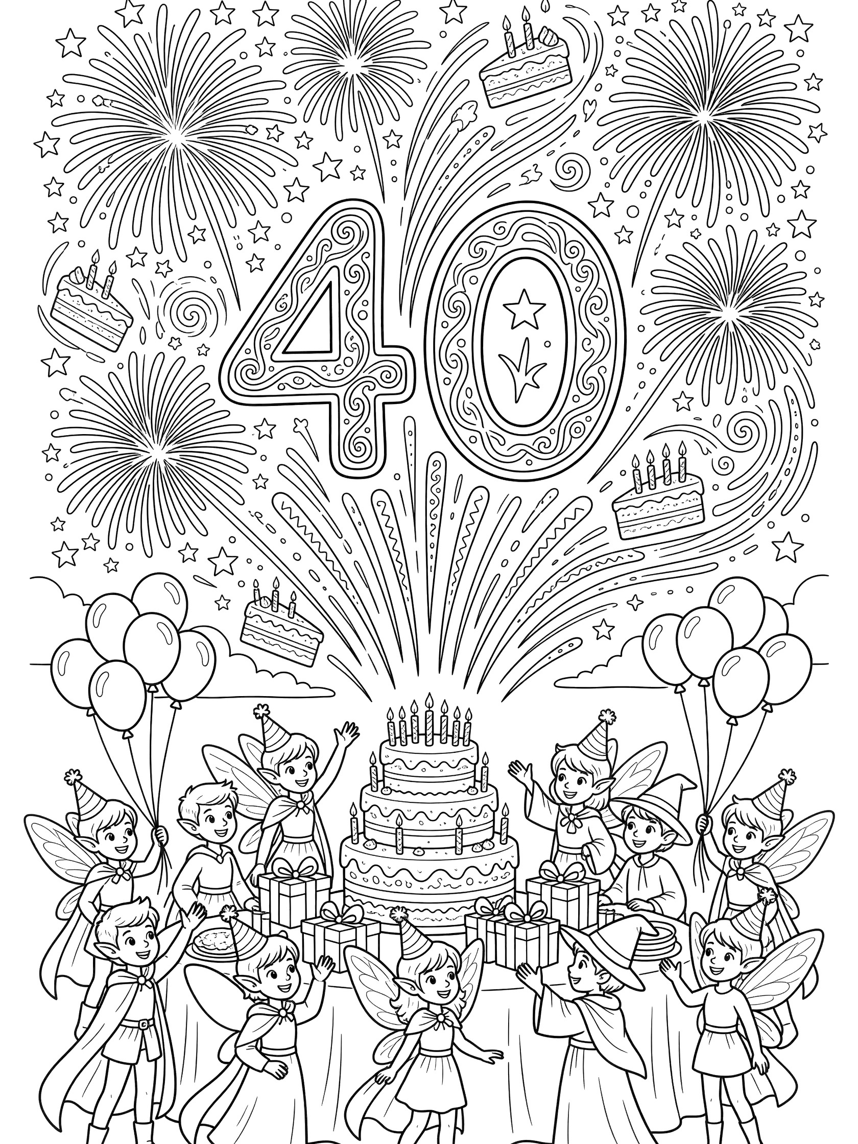 Black and white coloring page showing 40th birthday fireworks in the shape of '40' over fairies, elves, and wizards at a party table with cake, candles, gifts, and balloons.