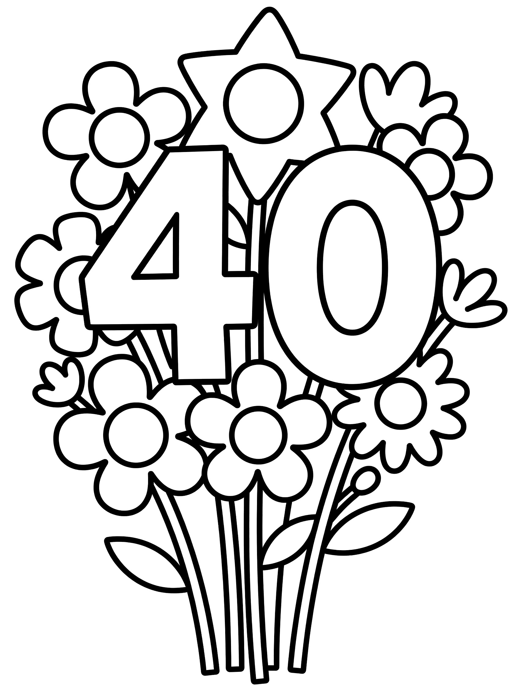 Black and white coloring page of 40th birthday flowers bouquet shaped as numbers 4 and 0 with star petals, circle centers, stems and leaves.