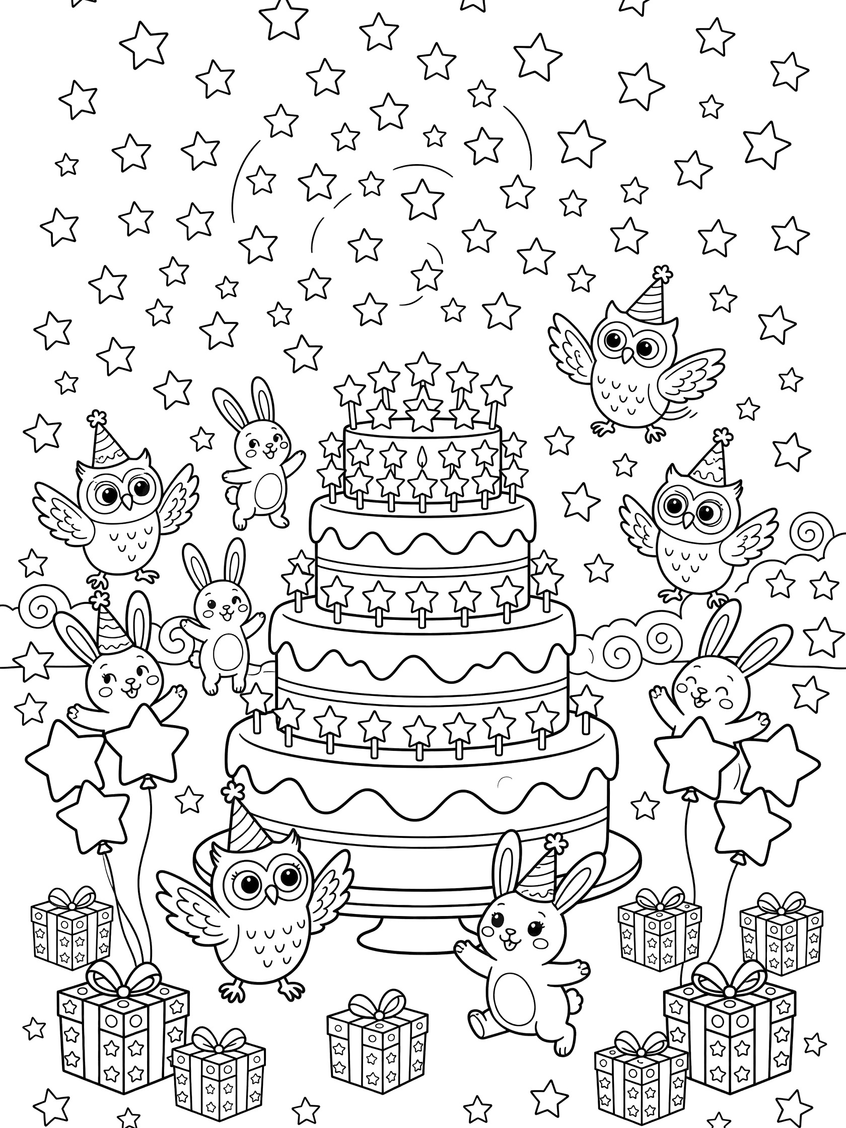 Black and white line art coloring page of 40th birthday with three-tier cake topped by star candles, swirling stars, gifts, star balloons, owls and bunnies wearing party hats.