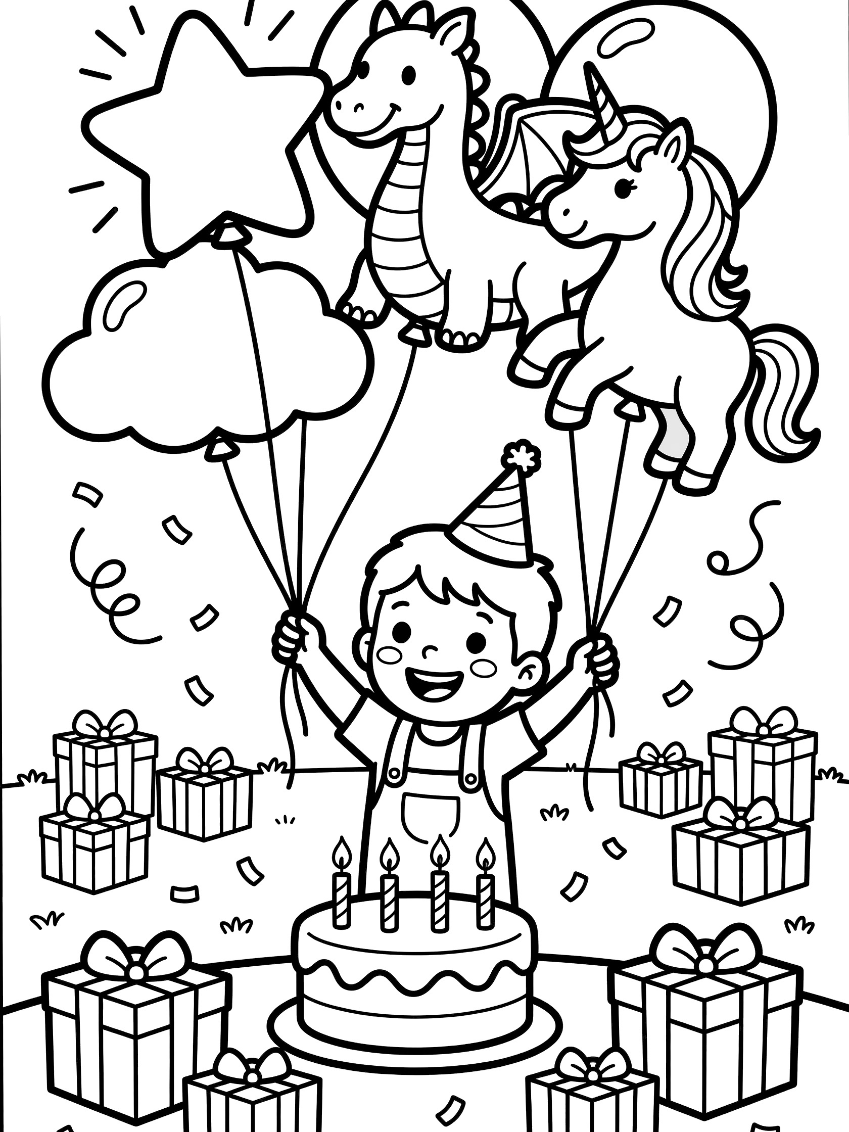 Black and white coloring page of a child in party hat reaching for four balloons shaped like star, dragon, unicorn, and cloud at a 4th birthday party with cake and gifts.