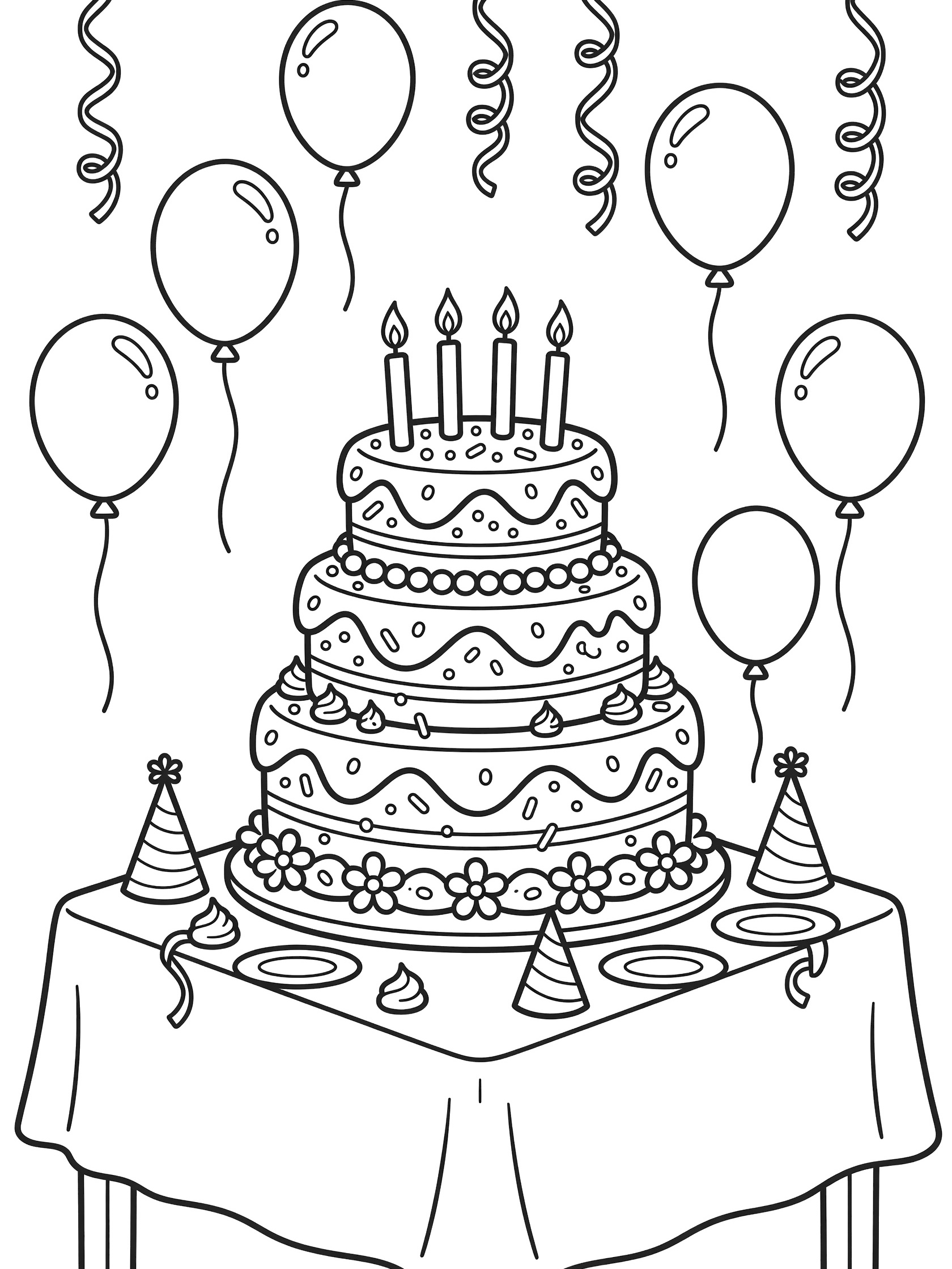 Printable coloring page showing a layered 4th birthday cake with four candles on a party table, surrounded by balloons, streamers, party hats and plates