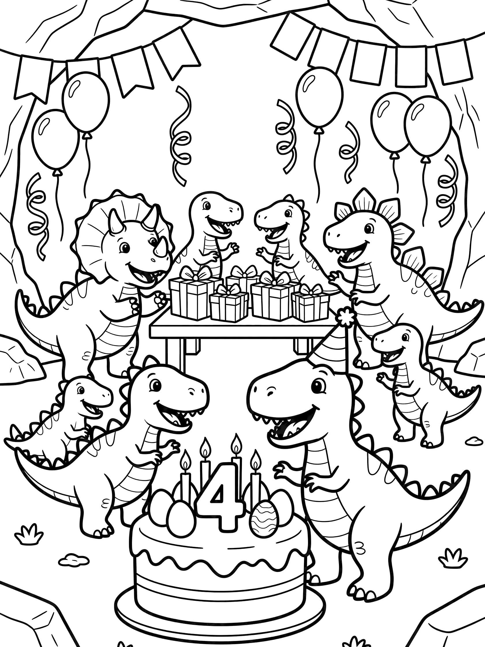 Black and white coloring page of a friendly T-Rex in party hat blowing out four candles on a big round birthday cake with '4' and dino eggs, cheering triceratops and stegosaurus at a picnic table with gifts and balloons in a rocky cave.
