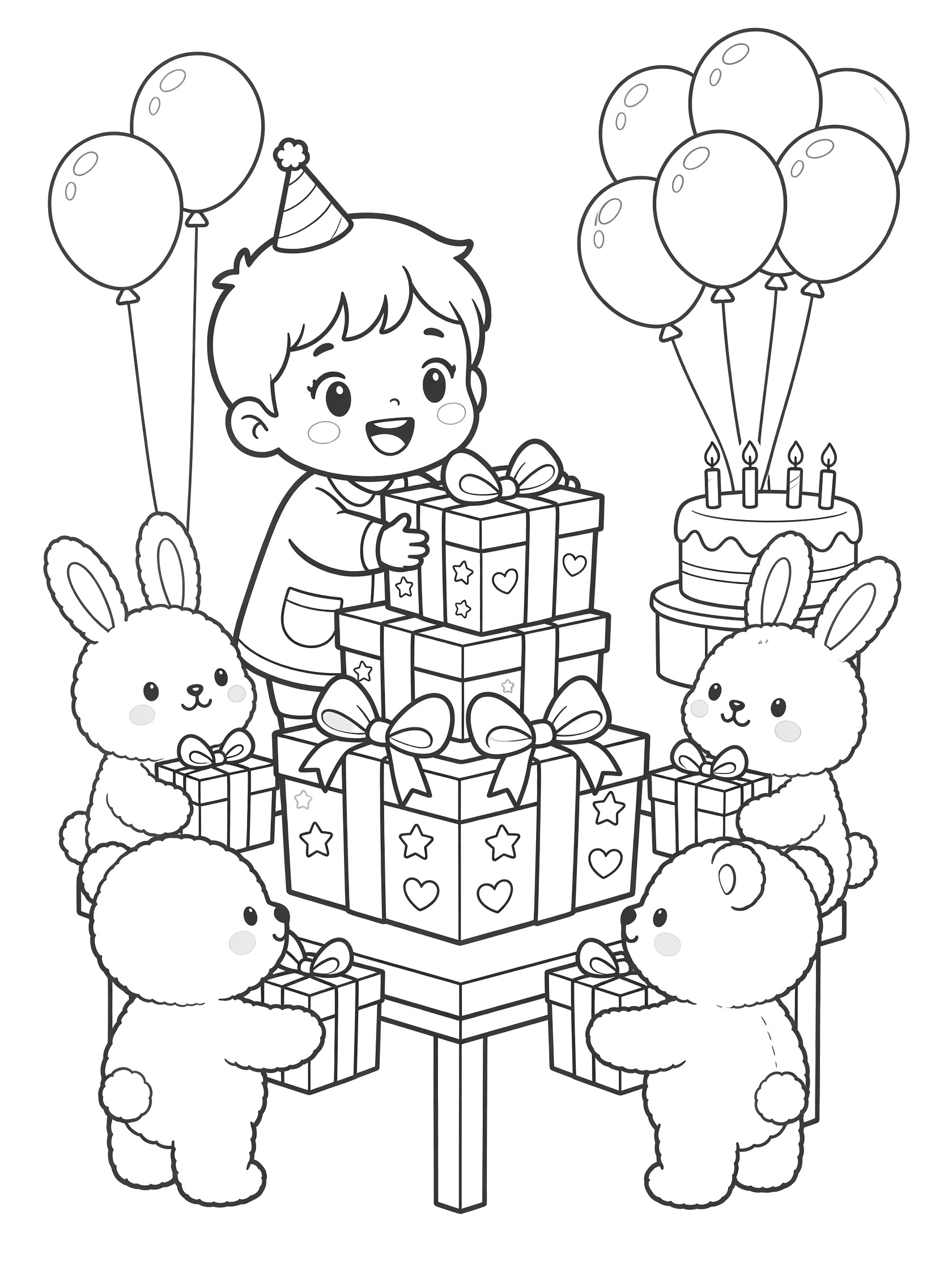 Kawaii black-and-white line art of a cute child with party hat excitedly opening a stack of birthday presents on a table, with fluffy bunnies and teddy bears holding gifts, balloons, and a four-candle cake in the background