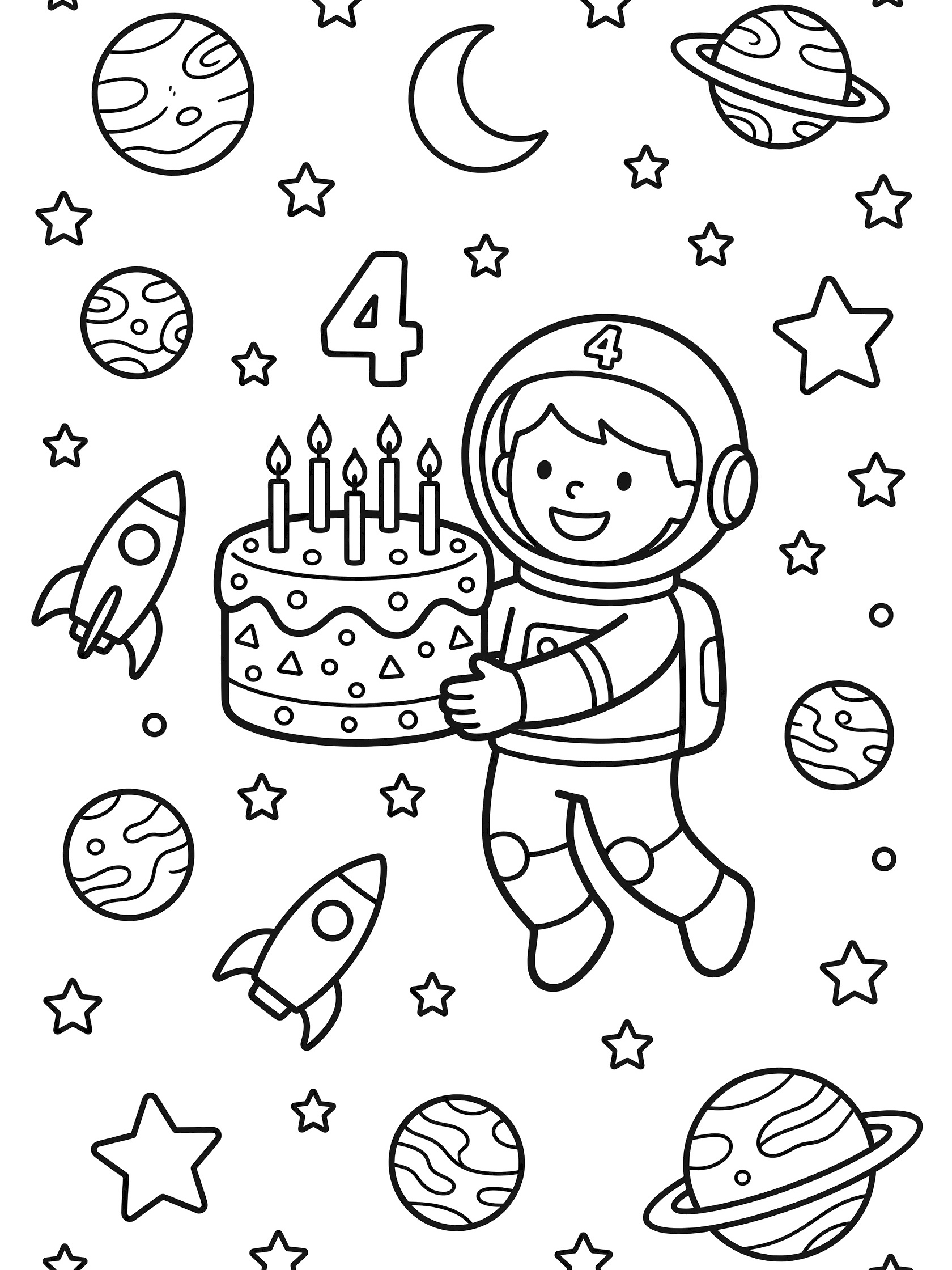 Black and white line art of a preschool boy astronaut in helmet with number 4, holding a big birthday cake with four candles, surrounded by rocket ship, planets, crescent moon, and stars for 4th birthday coloring.