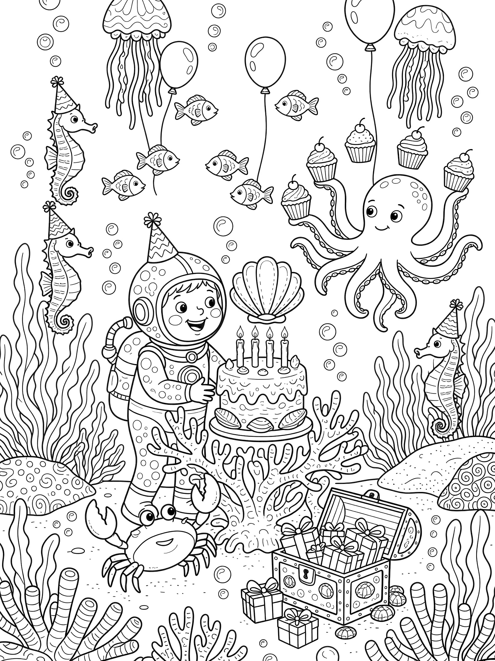 Black and white line art of 4th birthday underwater party: kid astronaut diver blows out four candles on giant seashell cake at coral table, seahorses with hats, octopus juggling cupcakes, fish holding jellyfish balloons, crab opening present chest.