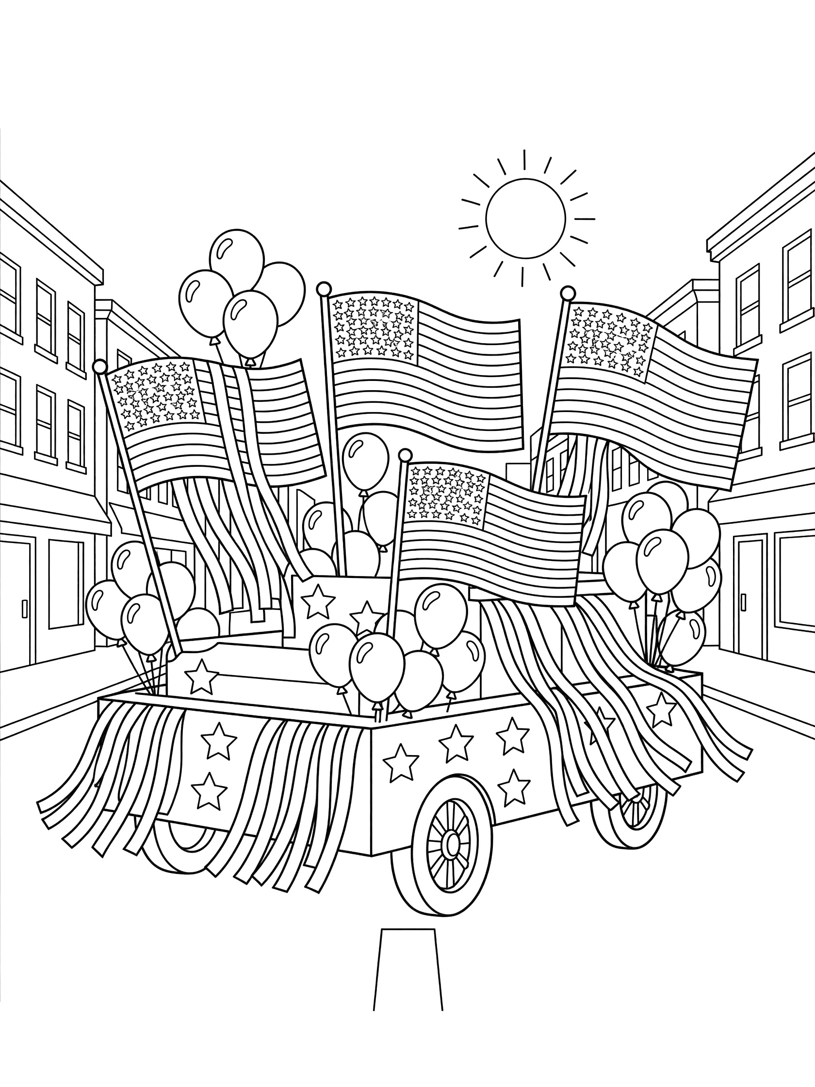 Black and white coloring page of a Parade Float with waving American flags, balloons, and streamers in a 4th of July parade on Main Street.