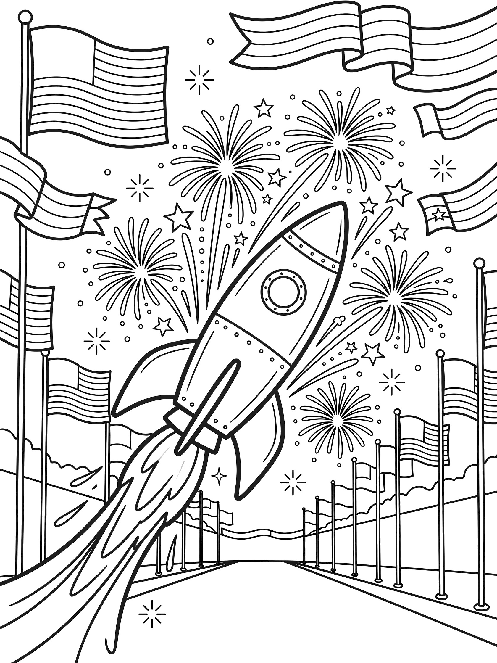 Black-and-white coloring page of a rocket-shaped parade float launching fireworks trails down a 4th of July avenue lined with American flags and banners.