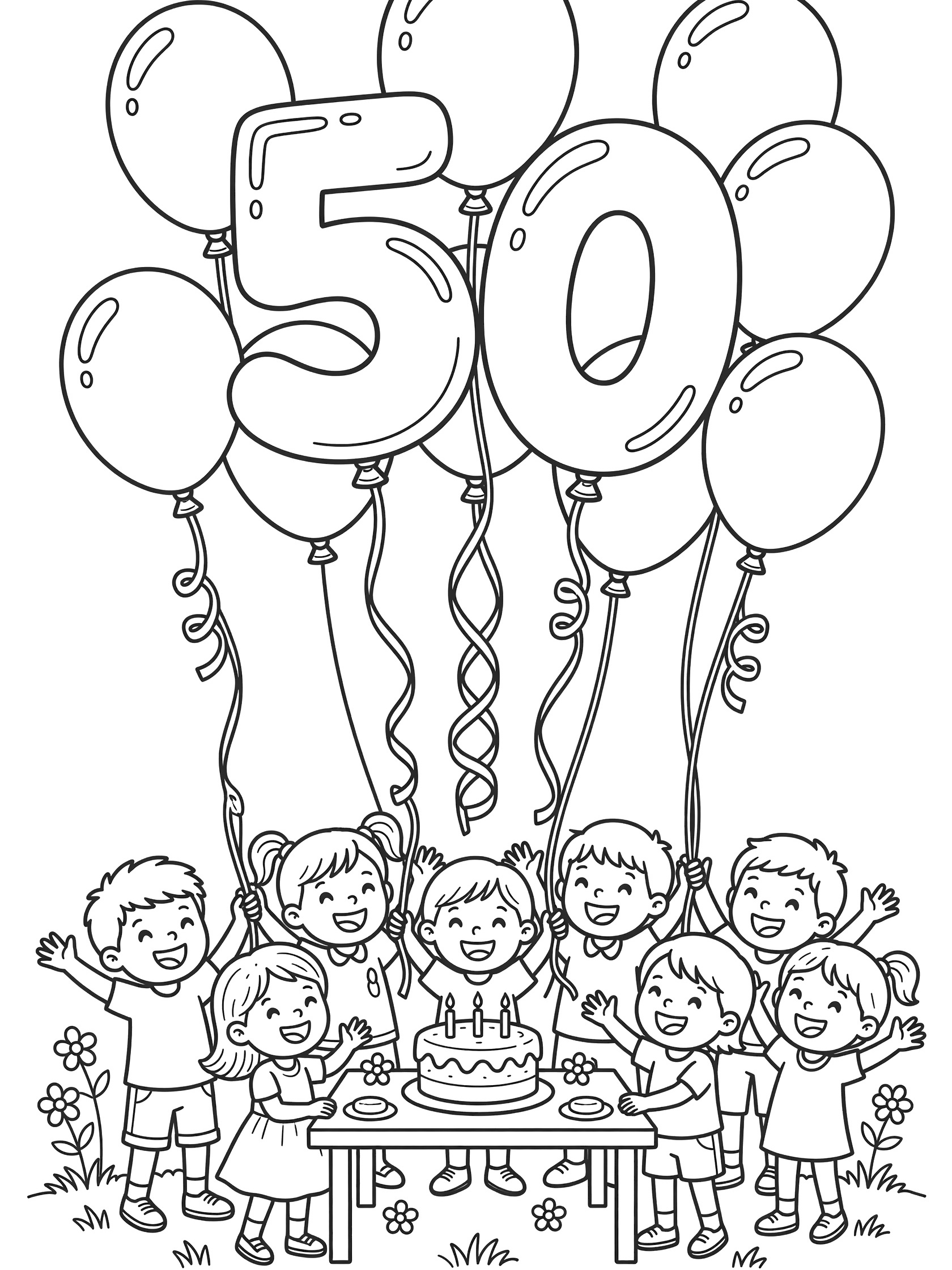 Line art coloring page showing 50th birthday balloons shaped like 5 and 0 floating above smiling kindergarten kids at a backyard party with cake, table, grass and flowers.