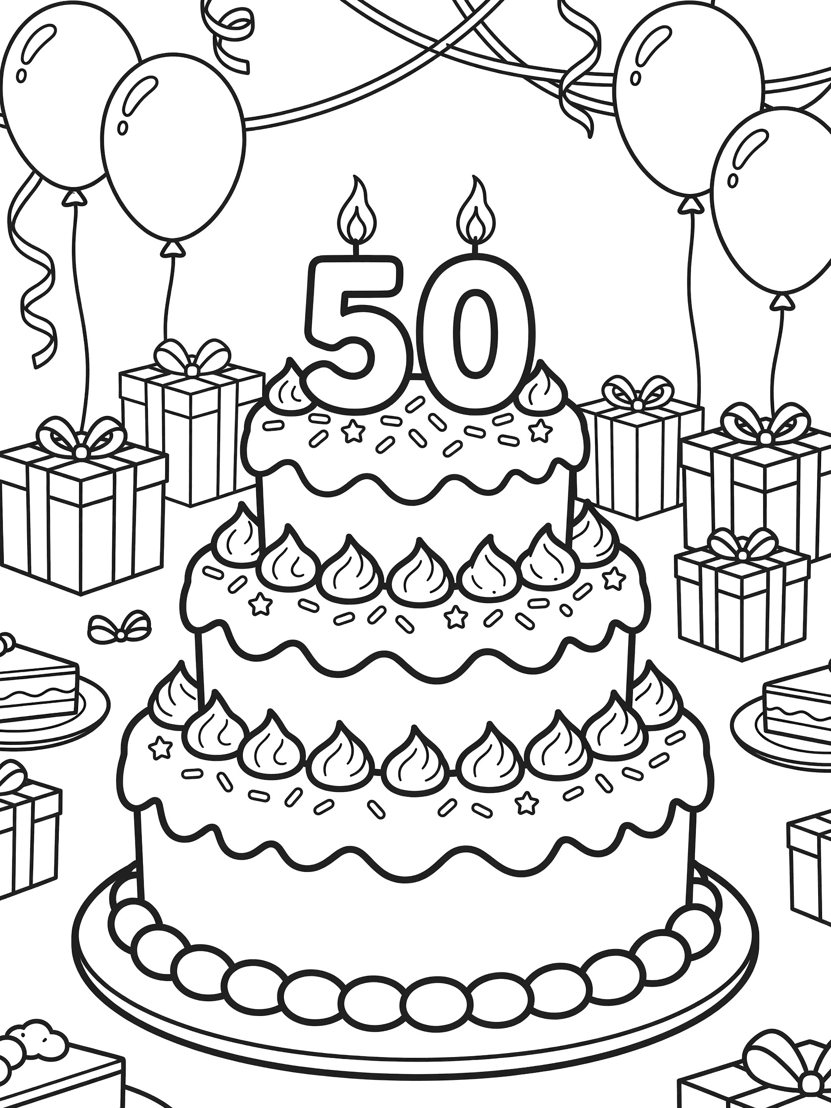 Black and white line art coloring page showing a 50th birthday cake topped with 5 and 0 candles, frosting, sprinkles, surrounded by balloons, gifts, and plates on a party table.