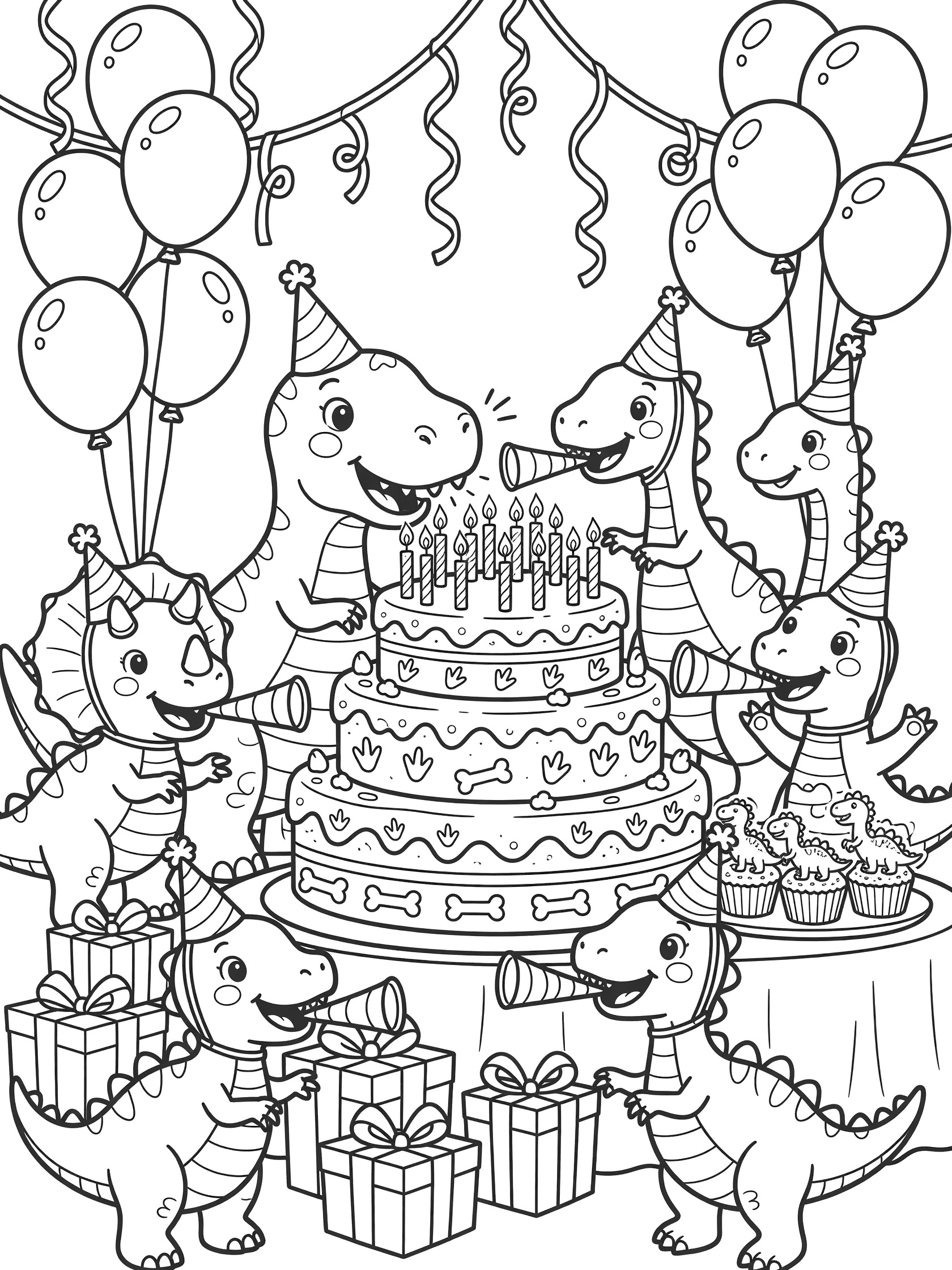 Cute T-Rex dinosaur in party hat blowing out fifty candles on a layered birthday cake with dinosaur prints and bones, surrounded by cheering dinos holding balloons and horns for 50th birthday.