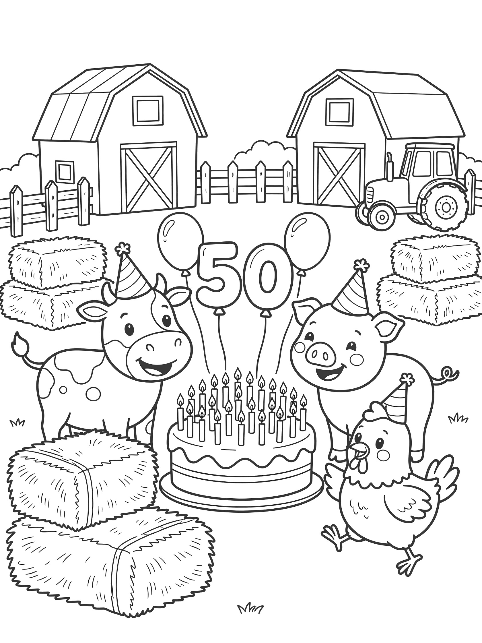Black and white line art coloring page of 50th birthday farm celebration with happy cow, pig, and chicken in party hats next to a big cake with 50 candles, balloons, hay bales, barn, fence, and tractor.