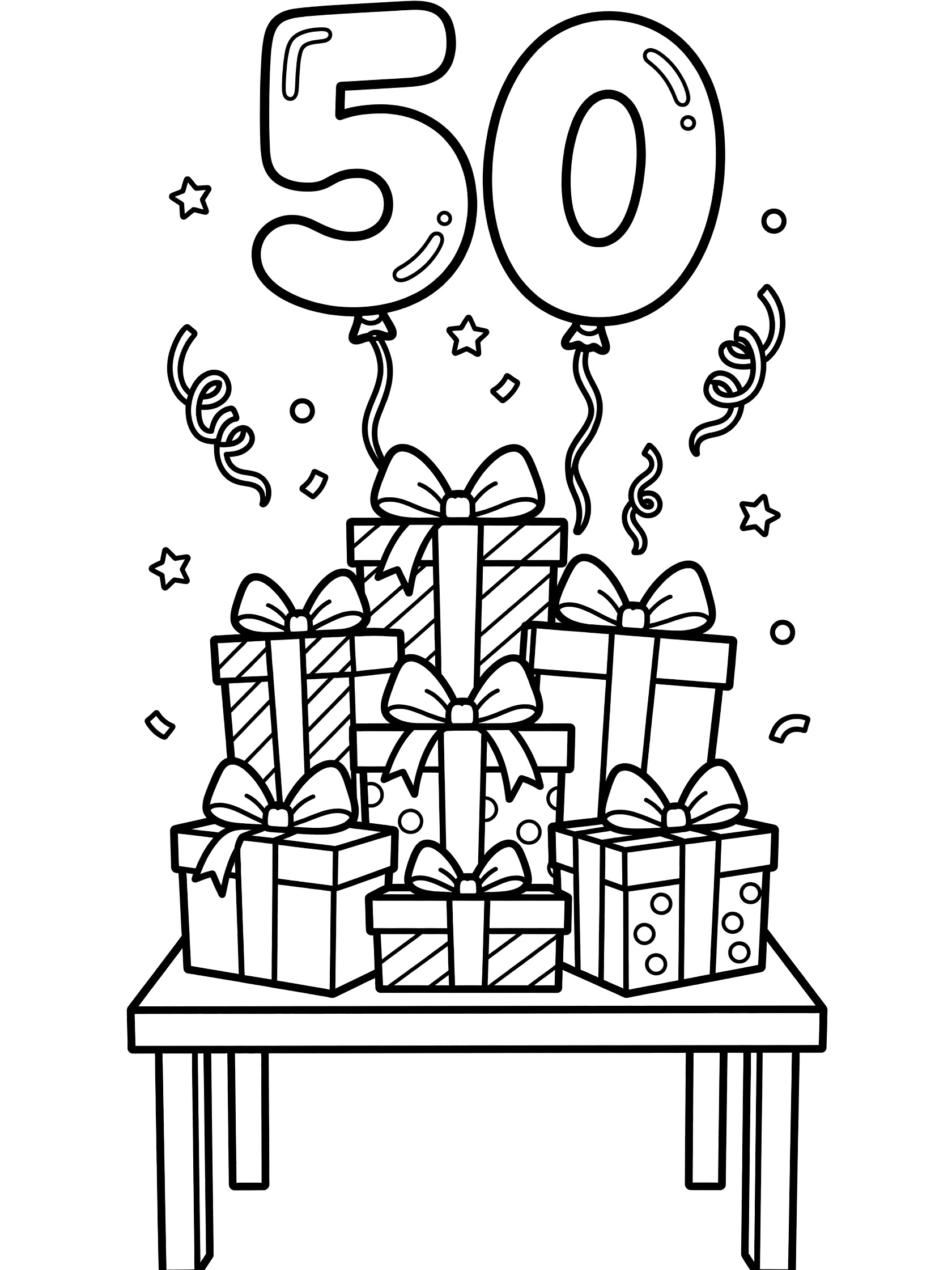 Black and white line art of stacked birthday gift boxes with bows, large 50 numeral, balloons, stars and confetti on a table
