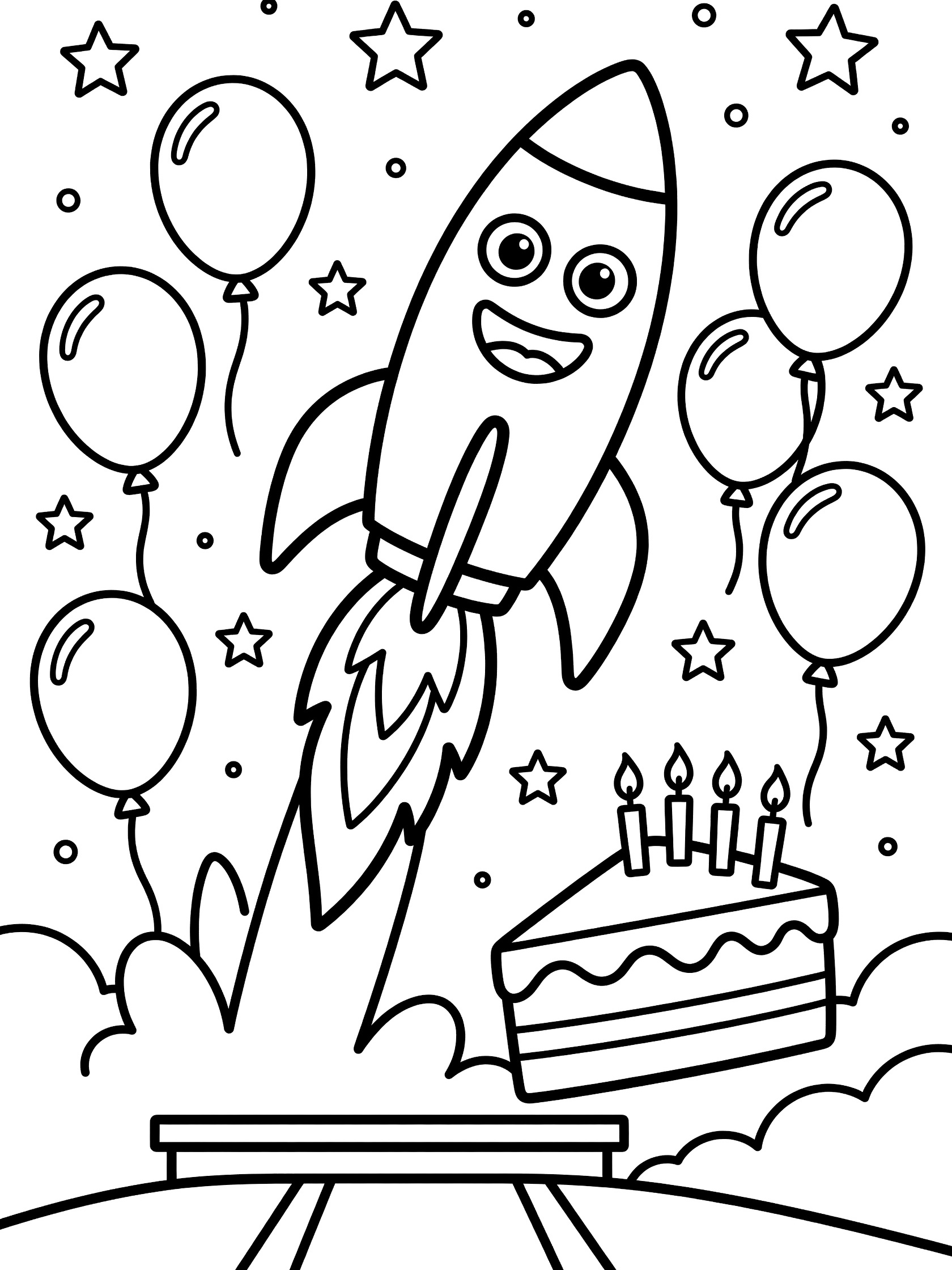 Black and white coloring page of a happy cartoon rocket launching from a pad with flames, surrounded by balloons, a slice of birthday cake with candles, and stars for 50th birthday.