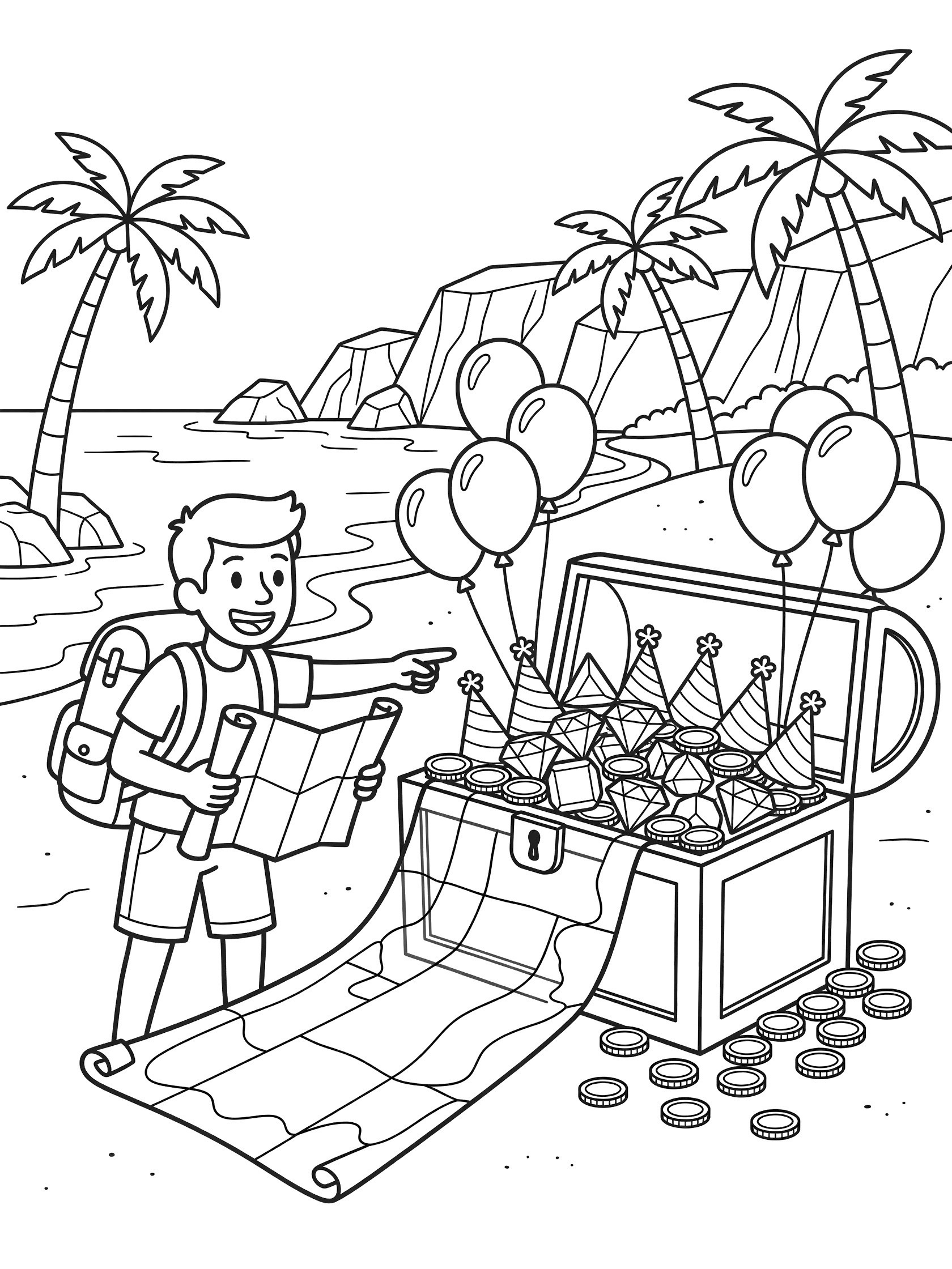 Black and white line art coloring page showing joyful explorer discovering 50th Birthday treasure chest overflowing with shiny gold coins, geometric gems, party hats and balloons on island beach.