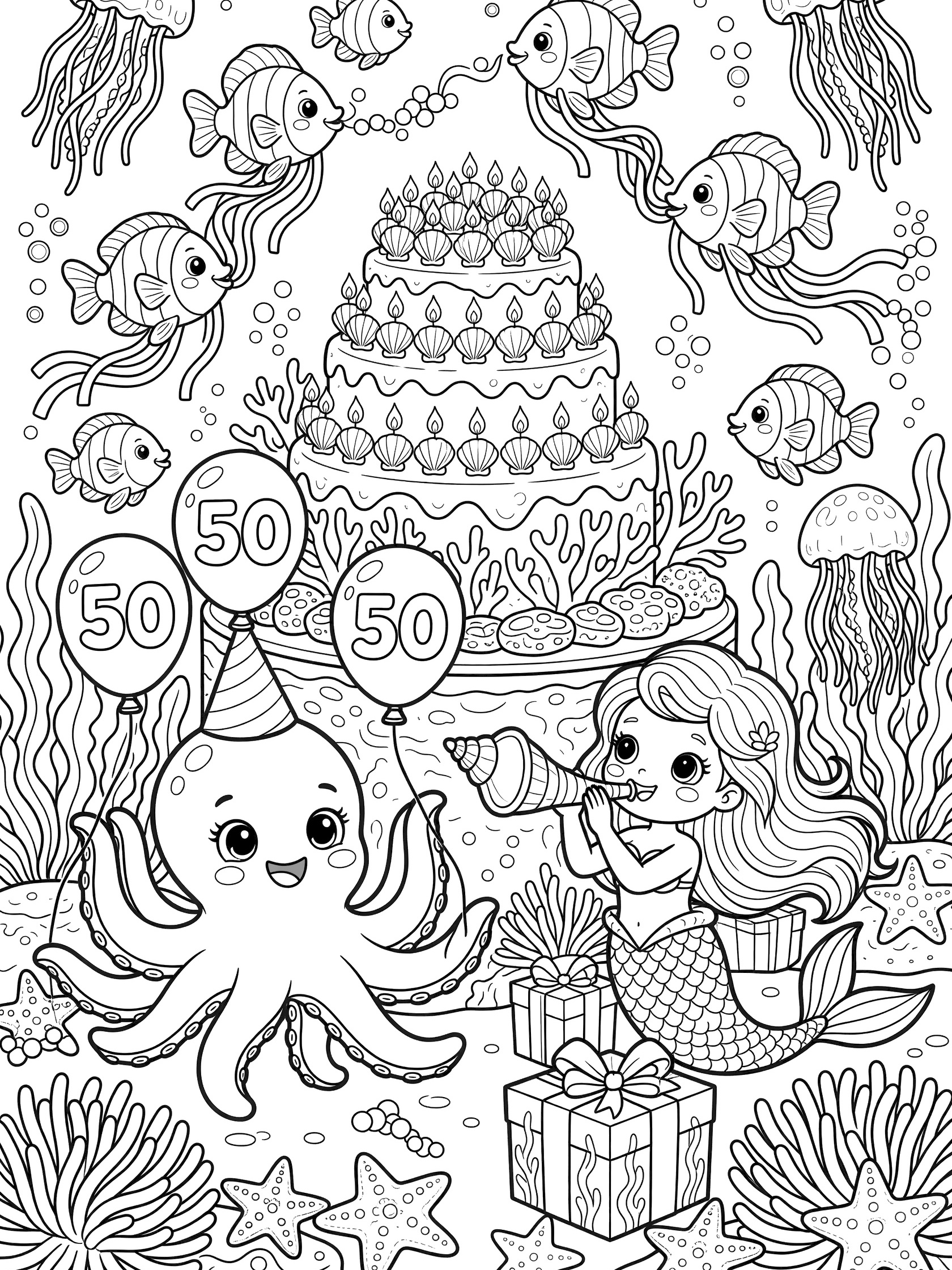 Black and white line art coloring page of 50th birthday underwater party featuring chubby-cheeked octopus in party hat juggling 50 bubble balloons, mermaid blowing conch shell horn by kelp gifts, central coral cake with 50 seashell candles, dancing fish with streamers, jellyfish, starfish, and anemones.