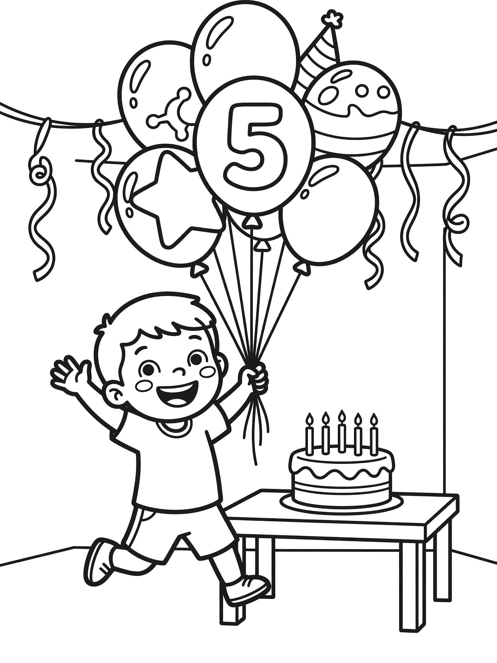 Black and white line art of excited preschool boy jumping with 5th birthday balloons, cake with five candles on table, and streamers in party room.