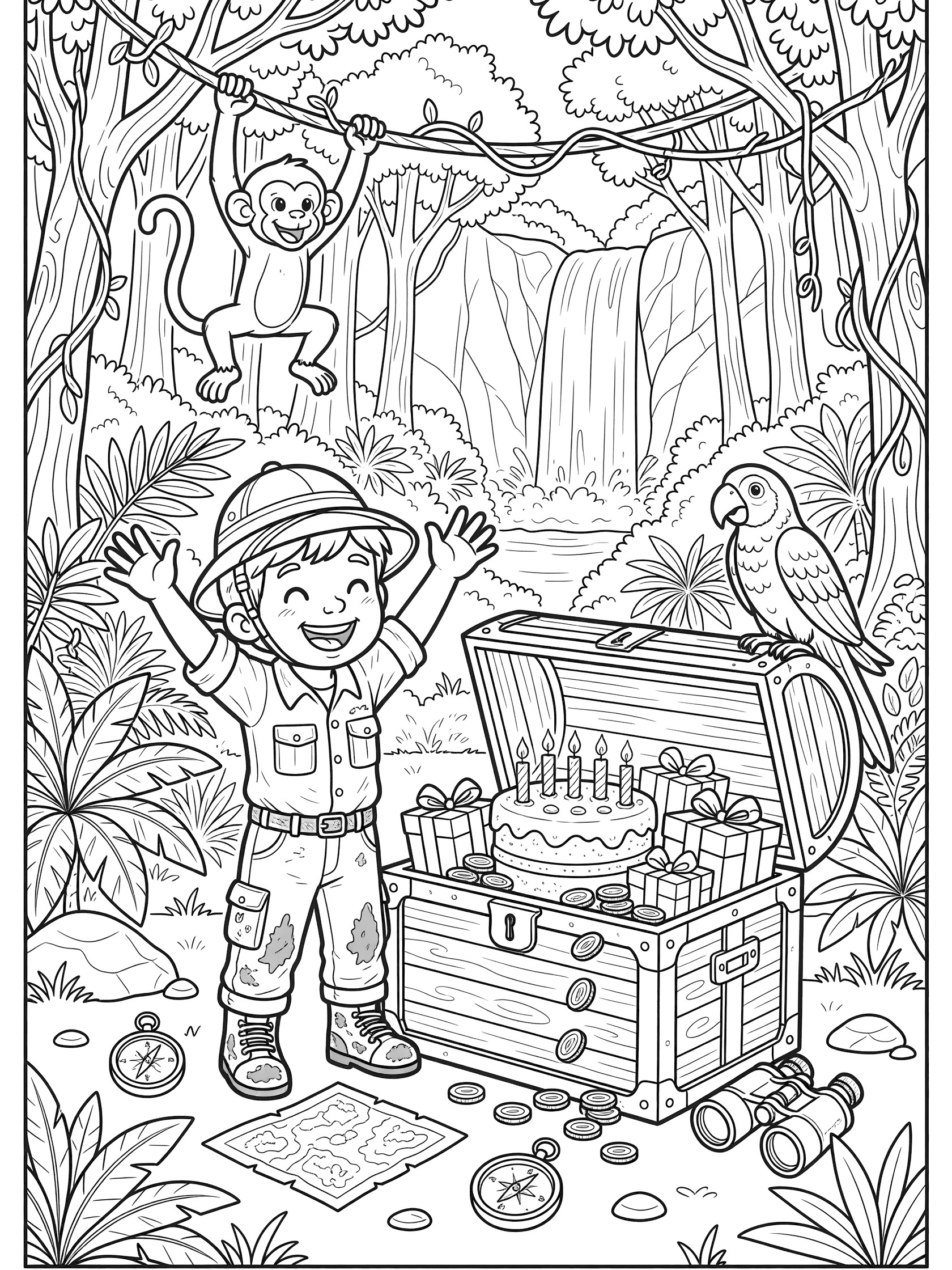 Black and white line art coloring page of joyful 5-year-old explorer boy in hat and boots opening treasure chest full of 5th birthday cake with candles, presents and coins, with monkey, parrot, jungle vines and waterfall.