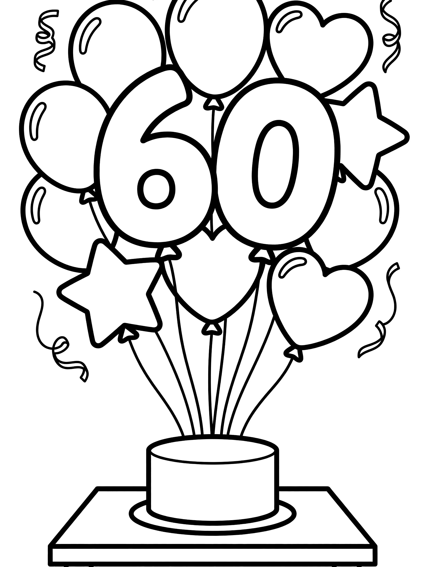Black and white coloring page featuring a cluster of 60th birthday balloons with 6 and 0 numbers, hearts, stars, ribbons, a birthday cake on a table, and party streamers.