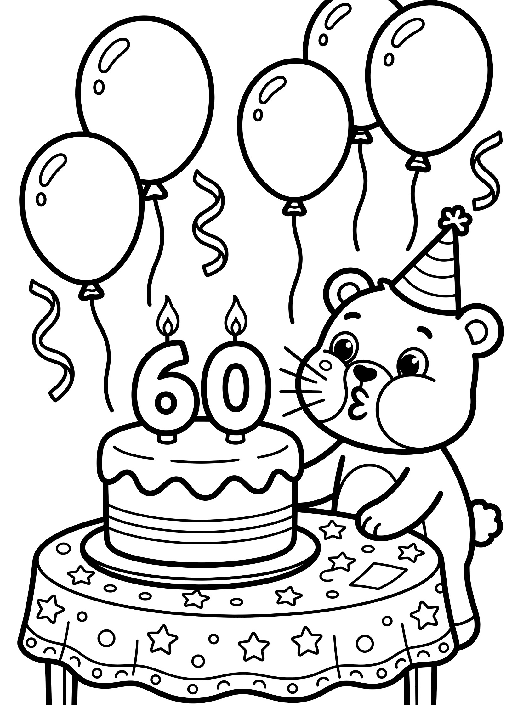 Black and white line art of a happy bear blowing candles shaped like 60 on a birthday cake, with balloons, streamers, and party tablecloth.