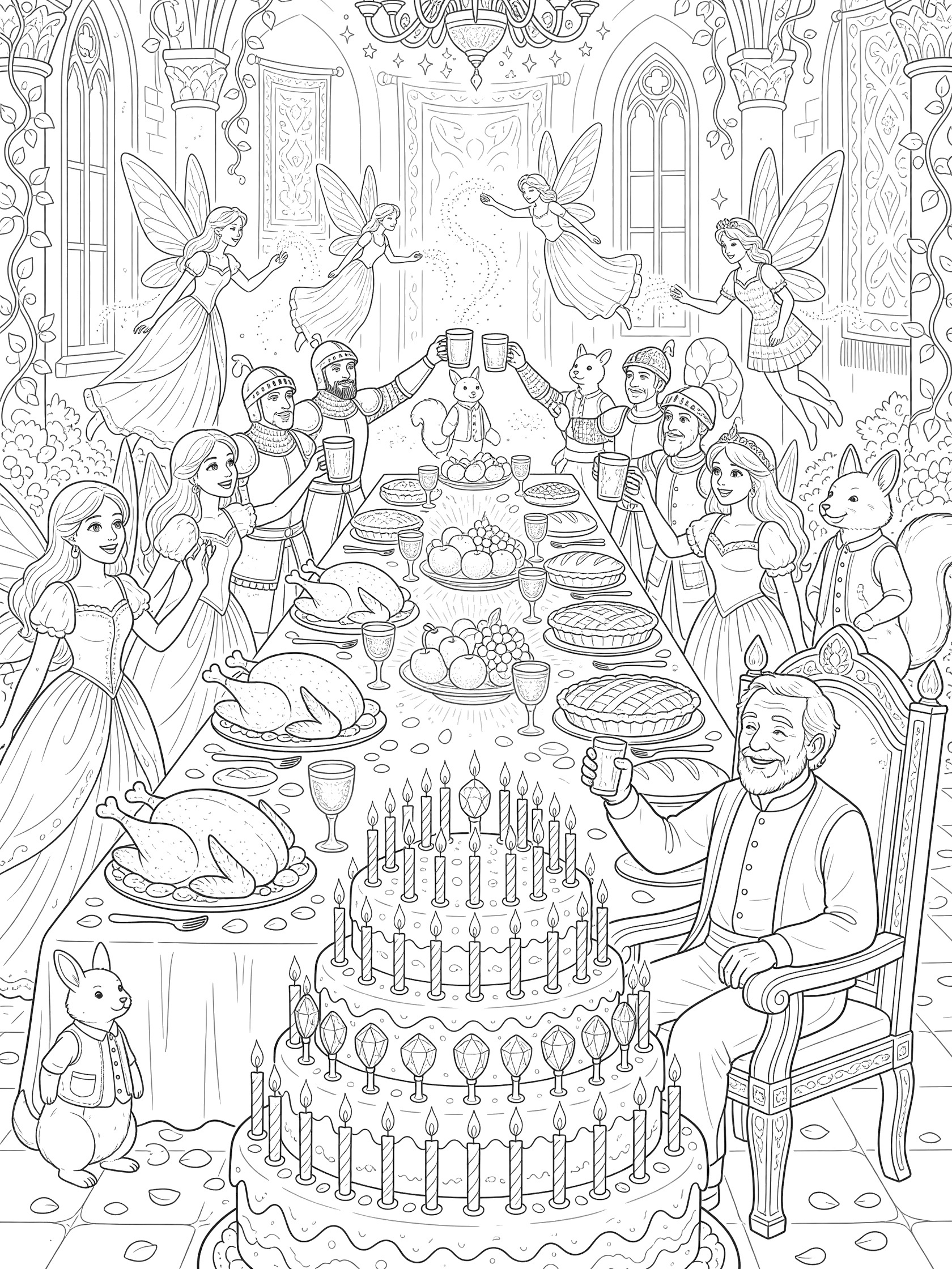 Black and white line art coloring page showing a joyful 60th birthday celebration with a huge tiered cake lit by 60 candles, elder man on a throne, banquet table full of food, fairies, knights, princesses, and animals in a grand castle hall.
