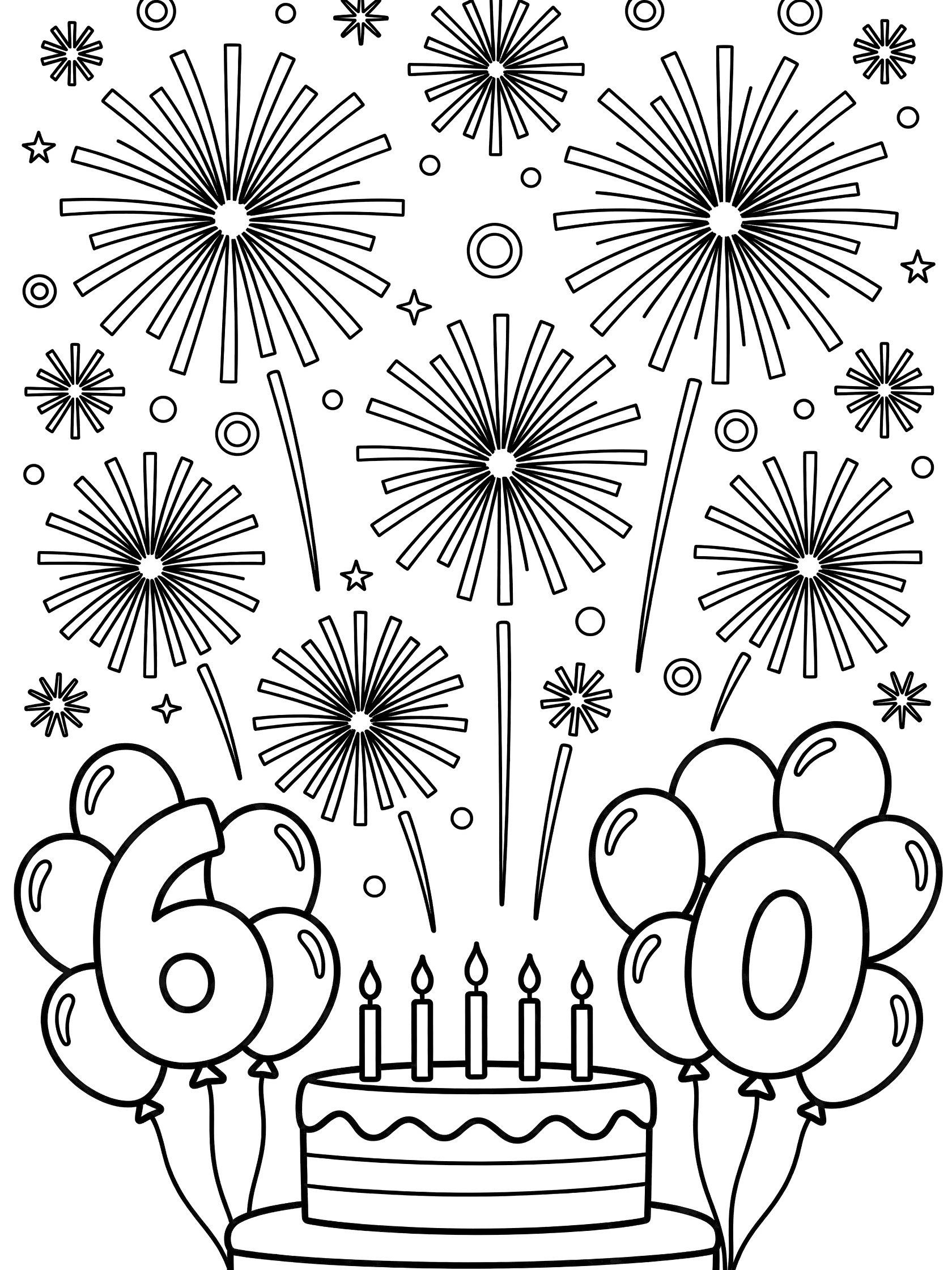 Black and white coloring page of 60th birthday fireworks bursting in stars and circles above a layered cake with candles and balloons shaped like 6 and 0.