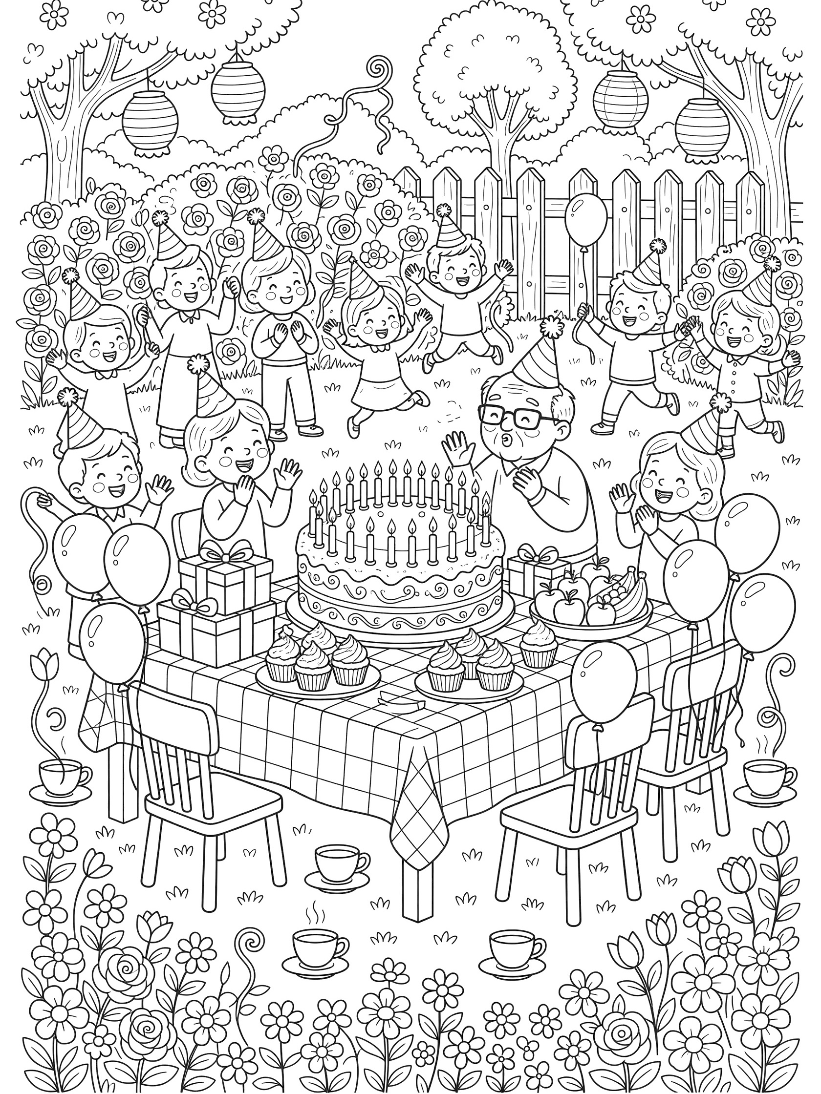 Black and white line art coloring page of a 60th birthday garden party with cake topped by 60 candles, party guests blowing out candles, kids with streamers, balloons, gifts, cupcakes, flowers, vines, teacups, rose bushes, fence, lanterns, and trees.