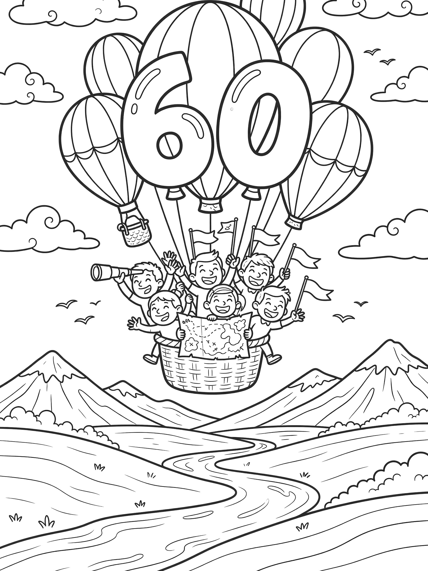 Black and white line art coloring page of 60th birthday hot air balloons floating over hills and river with kids holding telescope, flags and map in the basket.