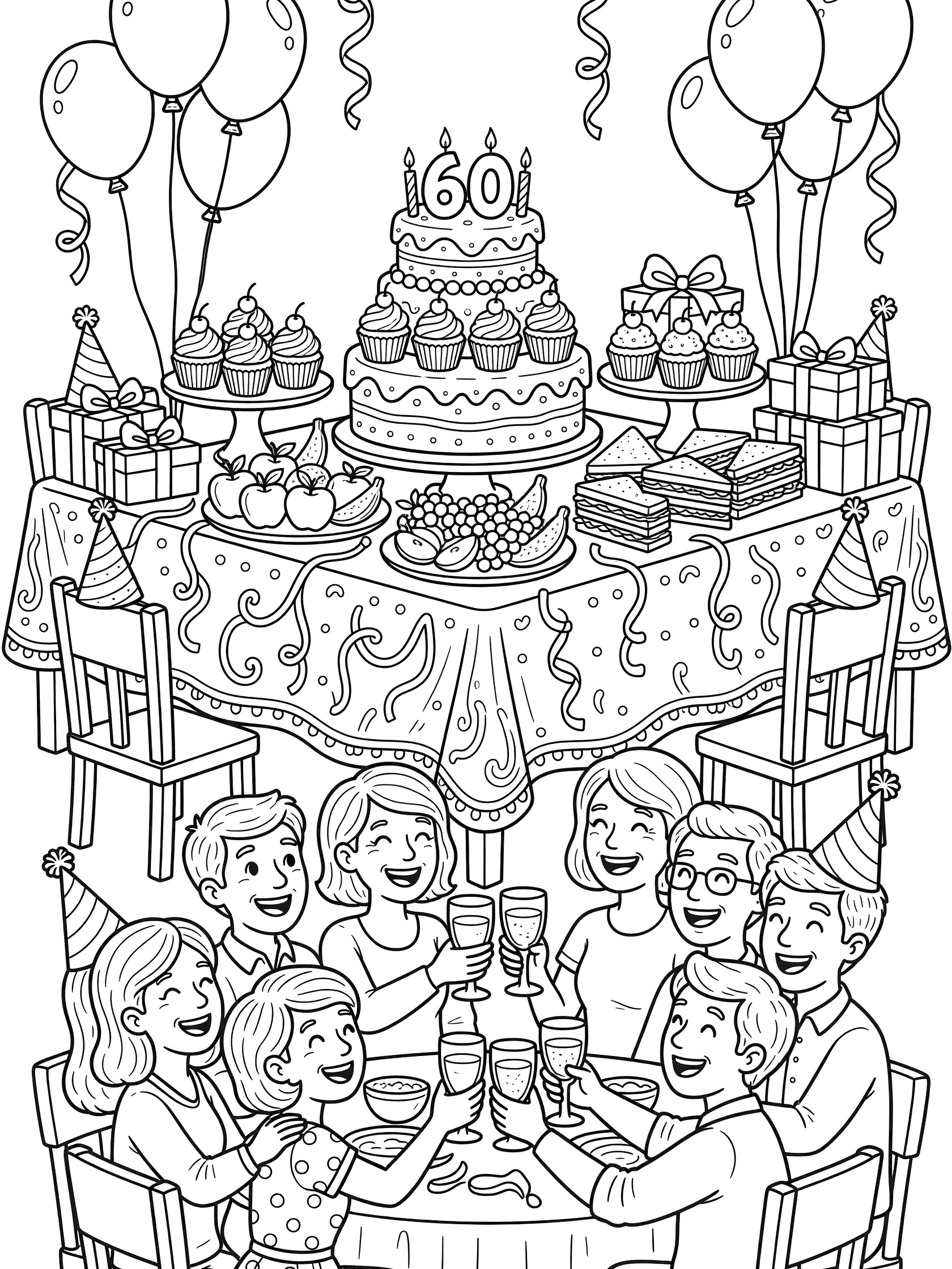 Whimsical line art coloring page showing a cheerful 60th birthday party table with a big cake topped by 60 candle, surrounded by food platters, balloons, streamers, gifts and smiling friends toasting with glasses.