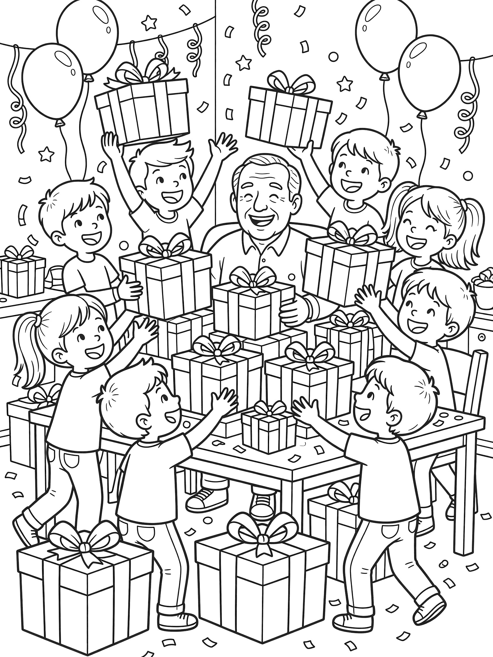 Black and white coloring page showing elementary kids giving stacks of gift-wrapped presents to a happy central figure at a 60th birthday party with balloons and confetti.