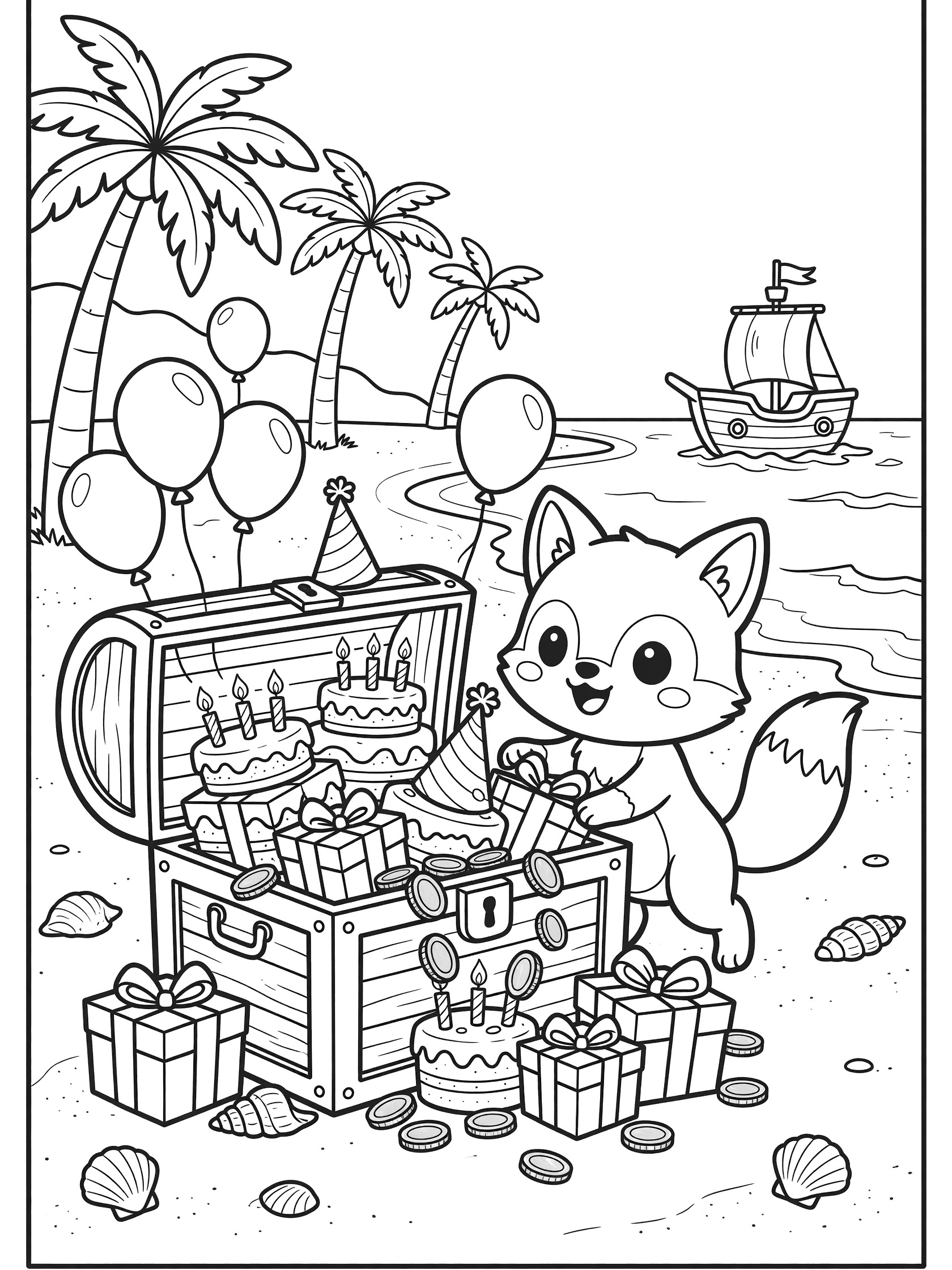 Black and white line art coloring page showing a kawaii fox excitedly opening a 60th birthday treasure chest spilling presents, cakes with candles, balloons, party hats, and gold coins on sunny beach sand with seashells, palm trees, and pirate ship in background.