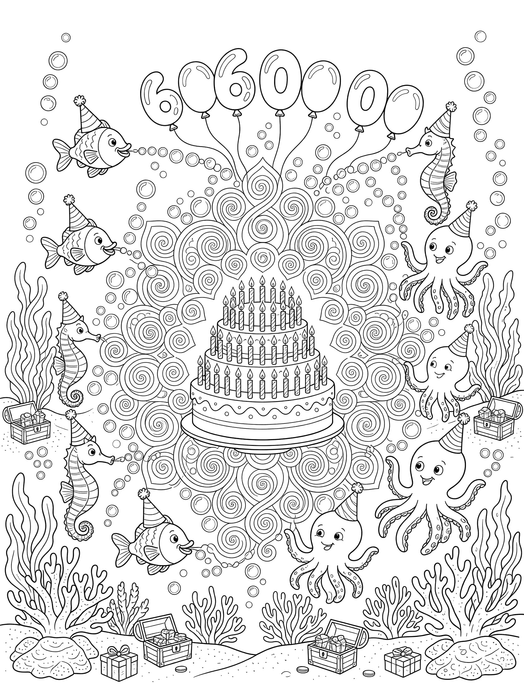 Black and white line art of 60th birthday underwater celebration featuring central cake with 60 candles, sea creatures in party hats, 60 balloons, bubbles, seaweed, coral reefs, and treasure chests.