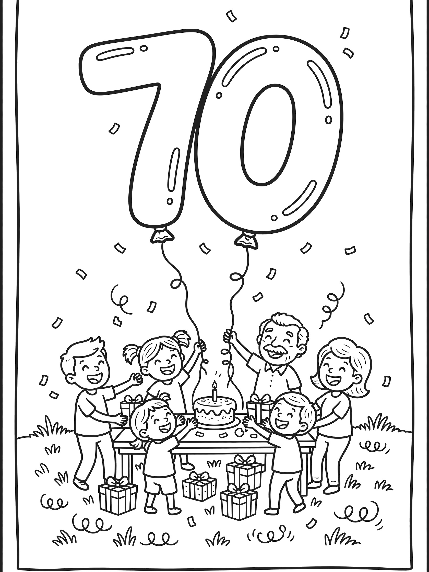 Black and white coloring page of oversized 70 balloons floating above a cheerful backyard birthday party with smiling friends, cake, gifts, and confetti.