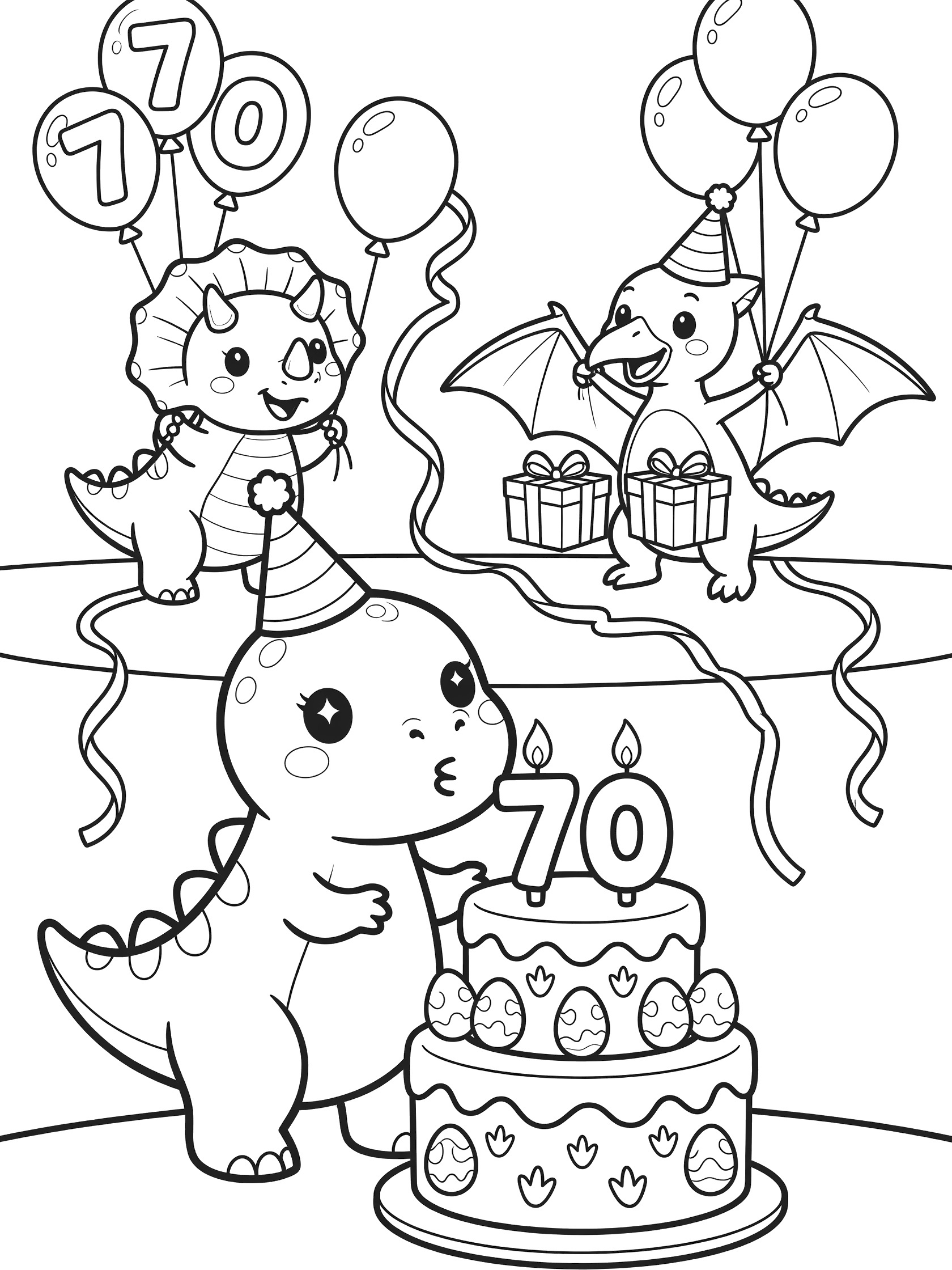 Black and white line art coloring page showing cute dinosaurs at a 70th birthday party: T-Rex blowing out 7 and 0 candles on a cake decorated with eggs, triceratops and pterodactyl with balloons and gifts.