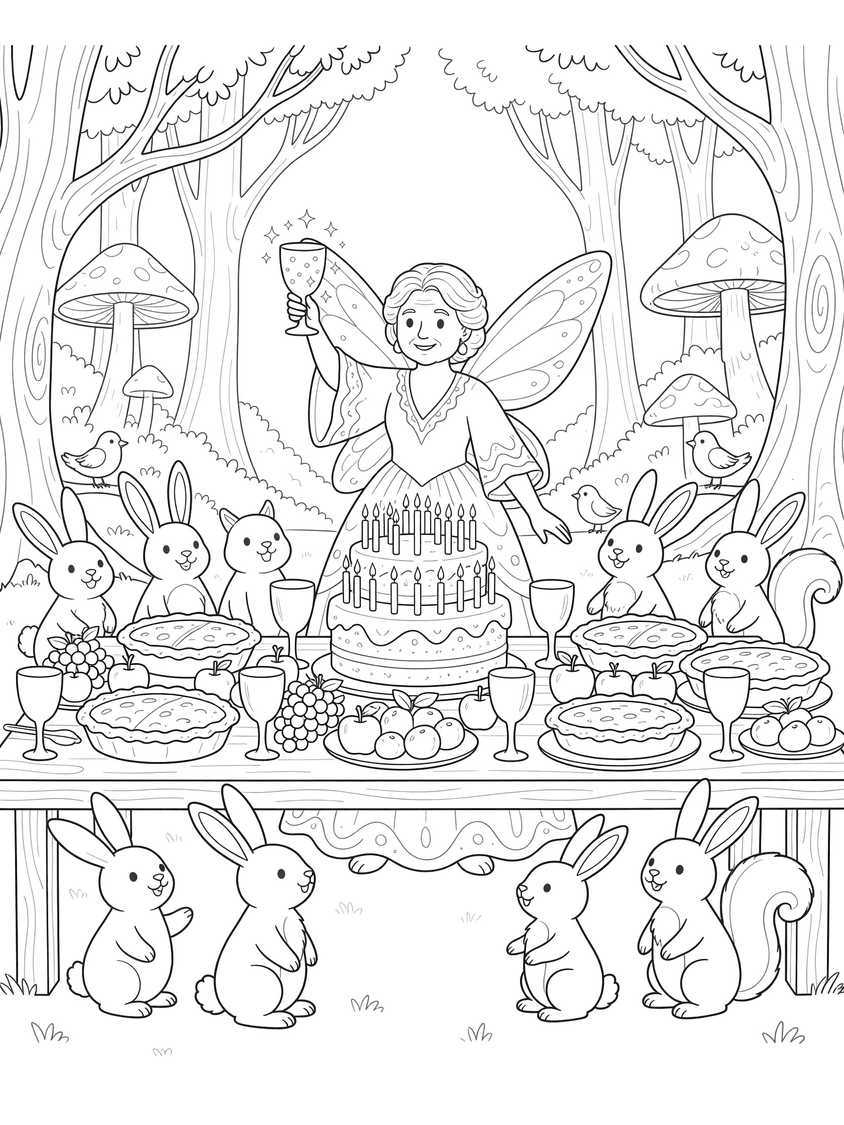 Black and white coloring page of 70th birthday fairy tale feast with fairy queen toasting at a table full of cake with 70 candles, pies, fruits, surrounded by rabbits, squirrels, and birds in a forest.