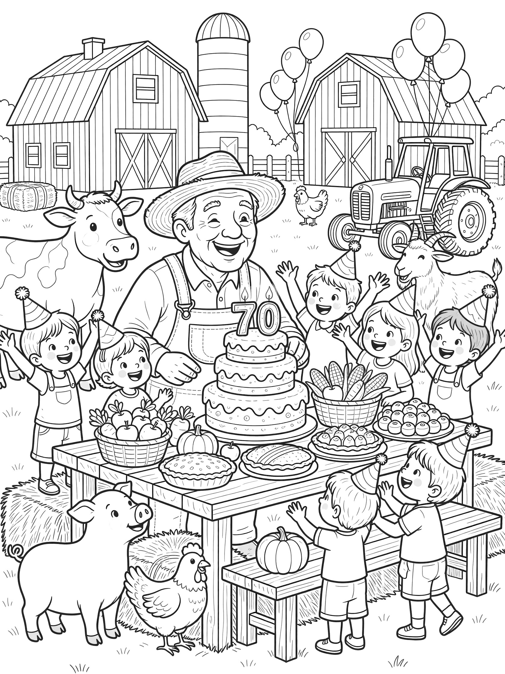 Black and white line art of 70th birthday farm party with grandpa in overalls blowing out 7 and 0 candles on a three-layer cake, kids in party hats, cow pig chicken goat, barn silo tractor and balloons.