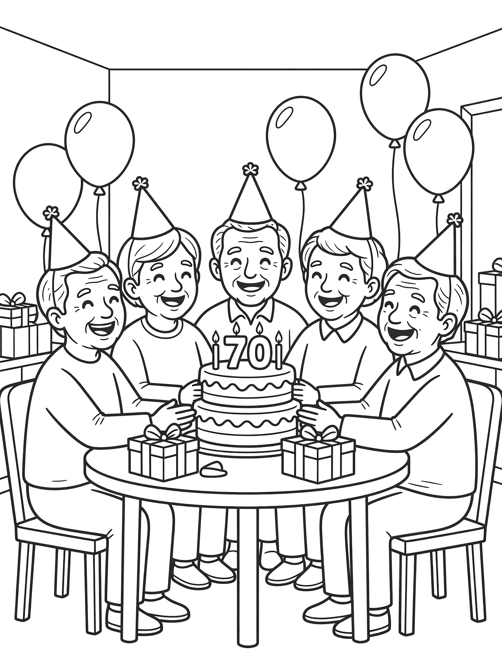 Black and white line art coloring page showing five elderly friends celebrating a 70th birthday at a round table with layered cake topped by 70 candles, wrapped gifts, balloons, and party hats.
